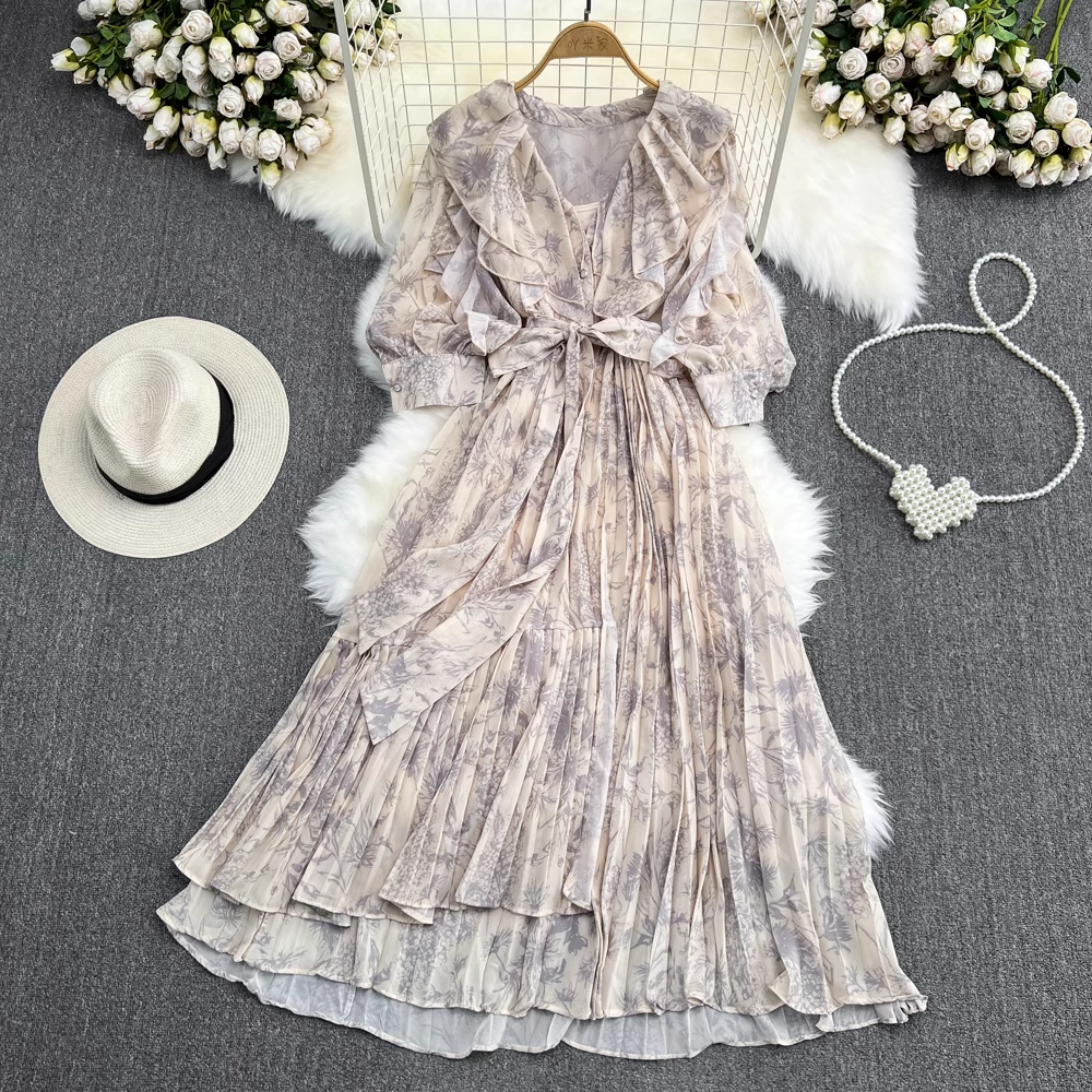 Elegant V-Neck Ruffled A-Line Pleated Dress - Women's Flowy Party & Cocktail Dress for Evening Events, Weddings & Special Occasions
