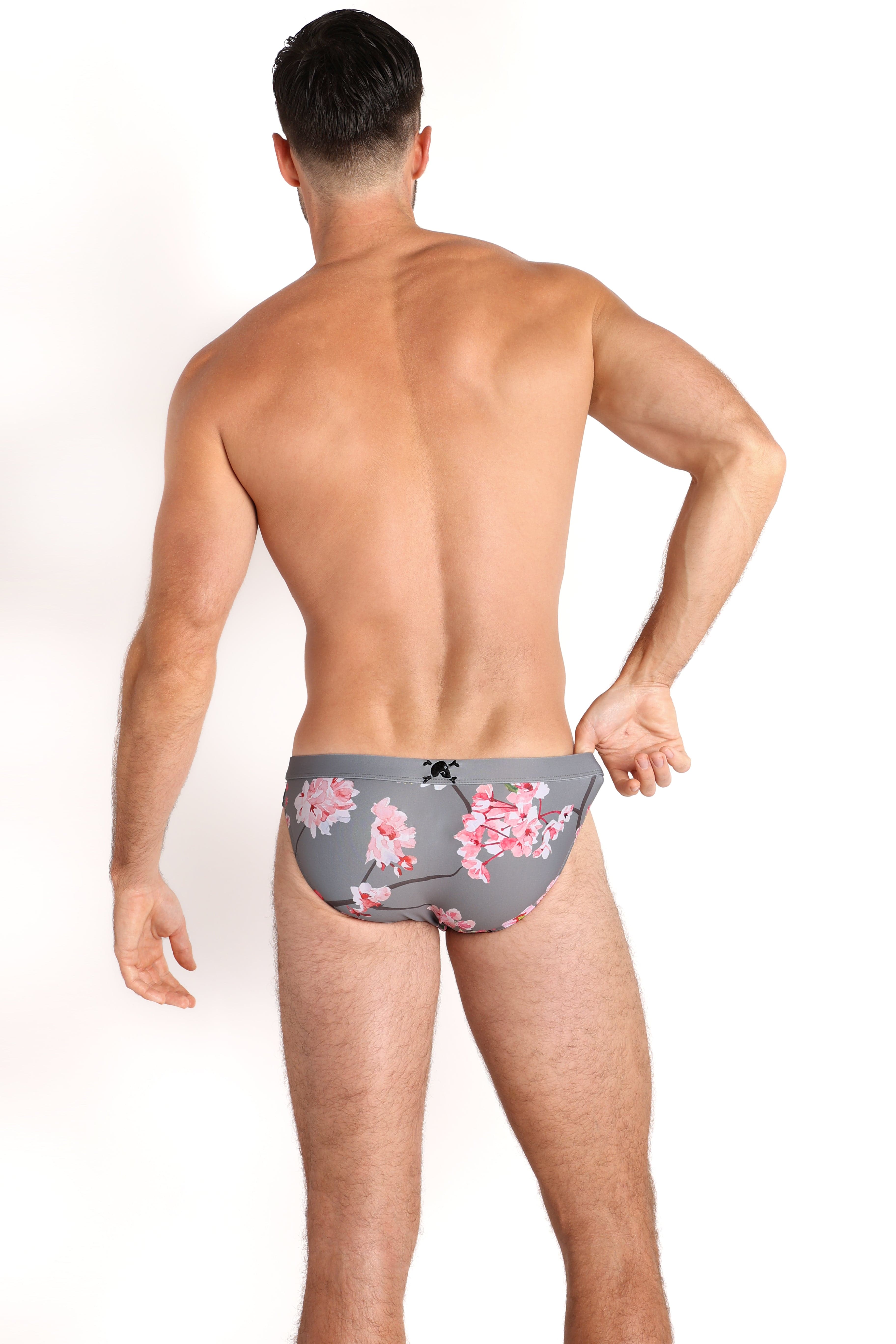 Cherry Blossom Grey Swim Briefs for Men - Quick Dry Comfortable Swim Trunks - Perfect for Beach, Pool, and Summer Vacation