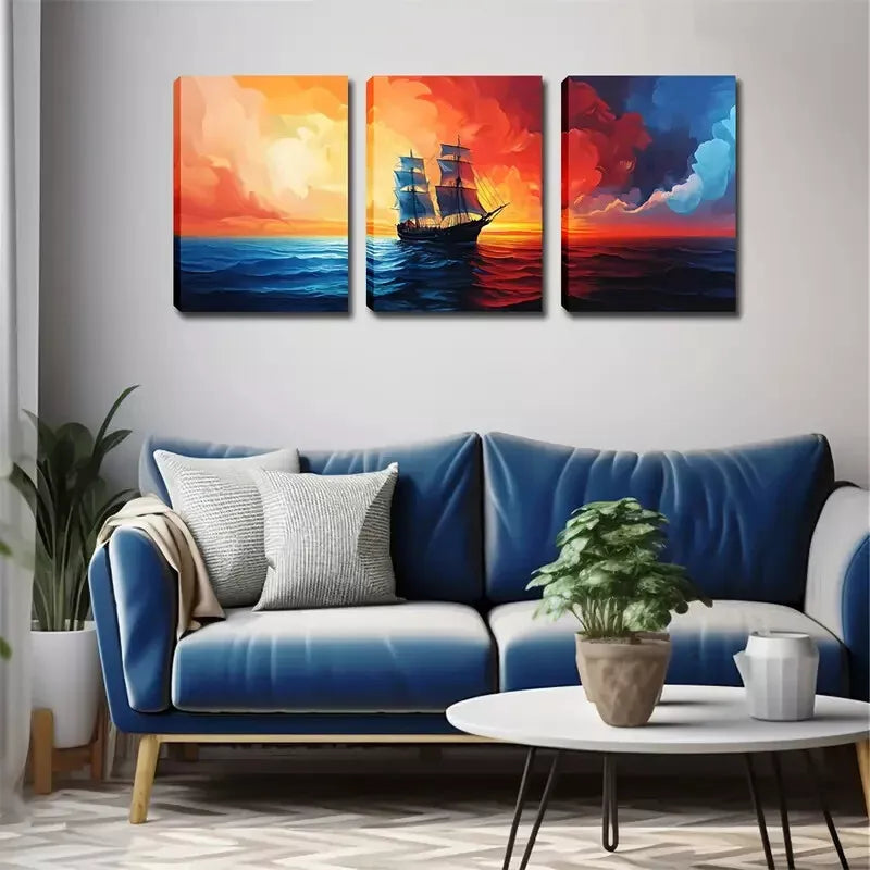 3-Piece Framed Canvas Wall Art Set - Sailboat Sailing on Ocean (40x60cm) | High Quality Australian Made Print | Ready to Hang | Perfect for Living Room, Bedroom & Office Decor