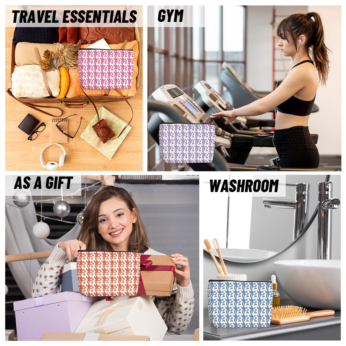 4-Piece Preppy Makeup Bags Set - Cute Cosmetic & Travel Pouch for Women, Teen Girls - Perfect Birthday, Christmas, Friendship Gifts for Bestie, Sister, Niece & Monkey Lovers - Ideal for Travel, School & Daily Organization