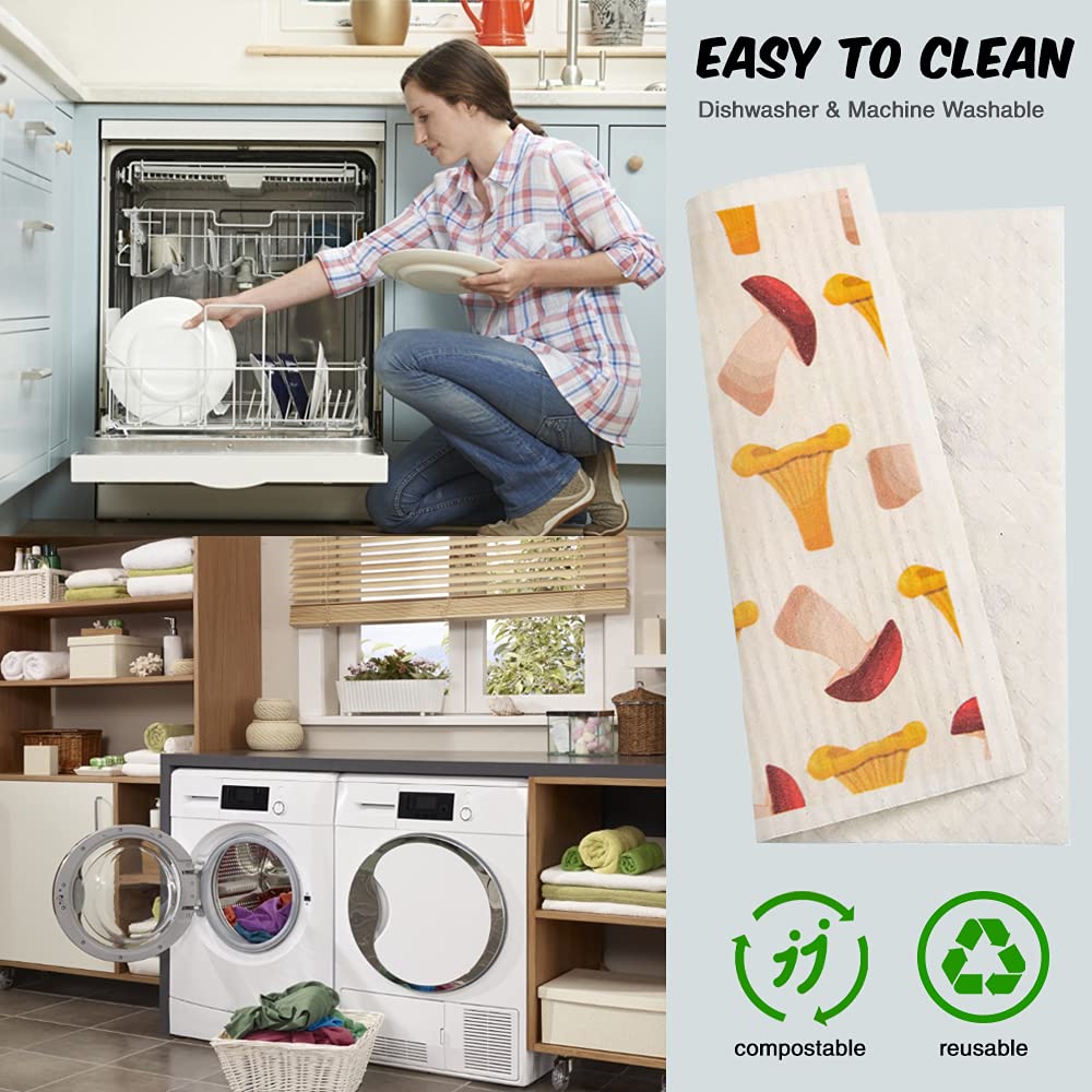 Reusable Swedish Dishcloths - 6 Pack Kitchen Sponge Cloths for Dishes & Cleaning (Vegetable Print) - Eco-Friendly Home Essentials