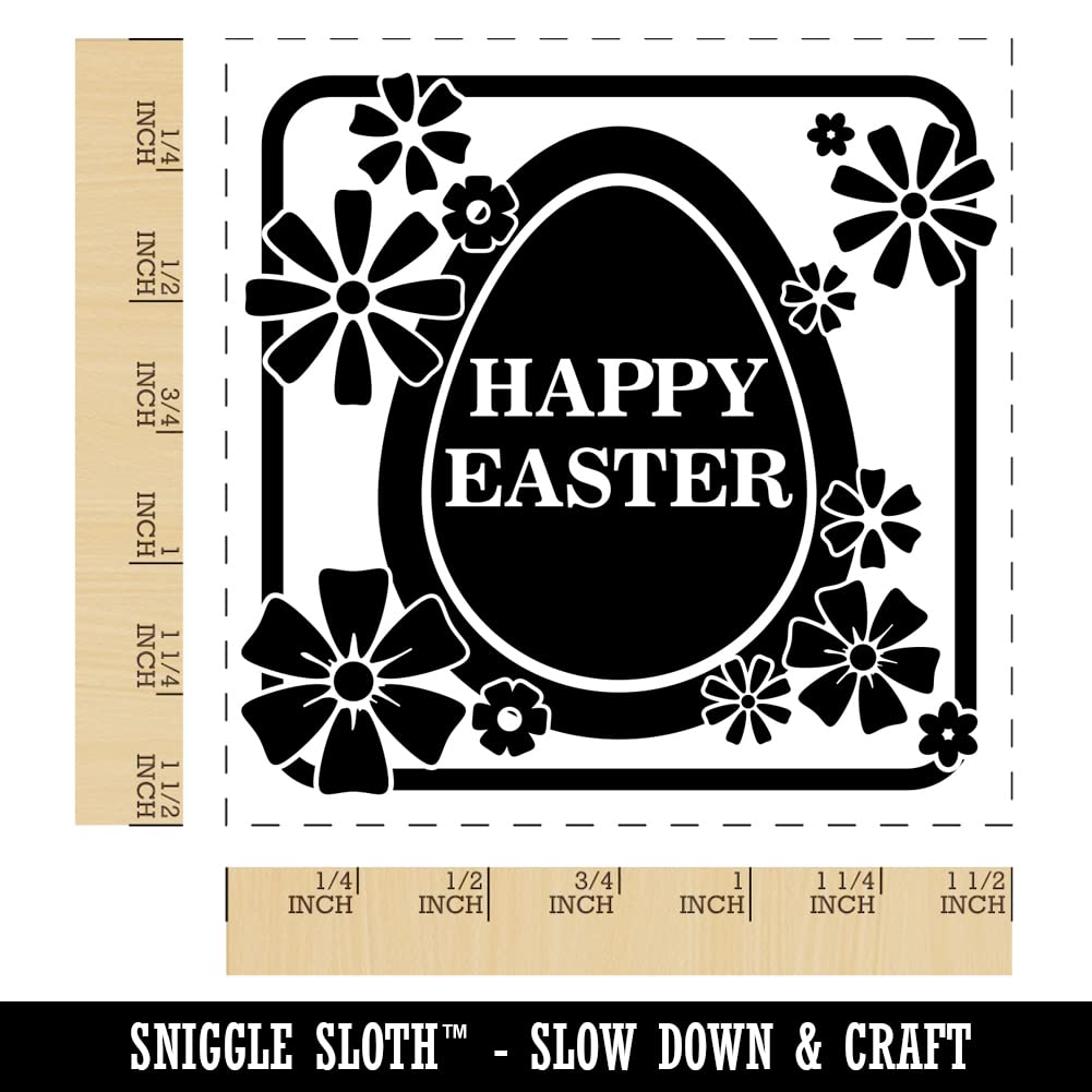 Happy Easter Egg Silhouette & Flowers Self-Inking Rubber Stamp - 1.5 Inch Large Black Ink Stamper for DIY Cards, Scrapbooking & Easter Crafts