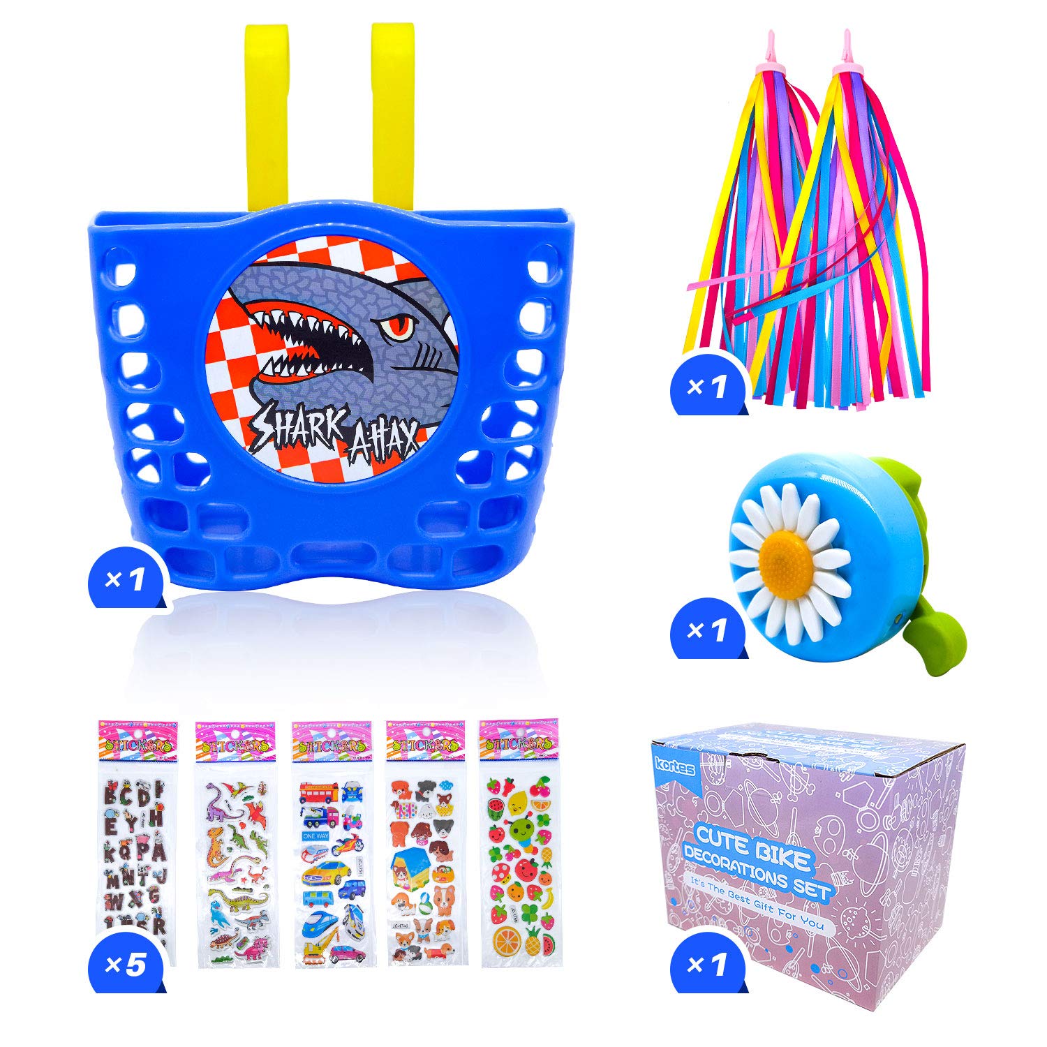 Kortes Kids Bike Accessories Set - Handlebar Basket with Sticker, Bike Bell & Colorful Streamers for Children's Bicycles | Perfect for Birthday Gifts, Outdoor Riding & Neighborhood Adventures