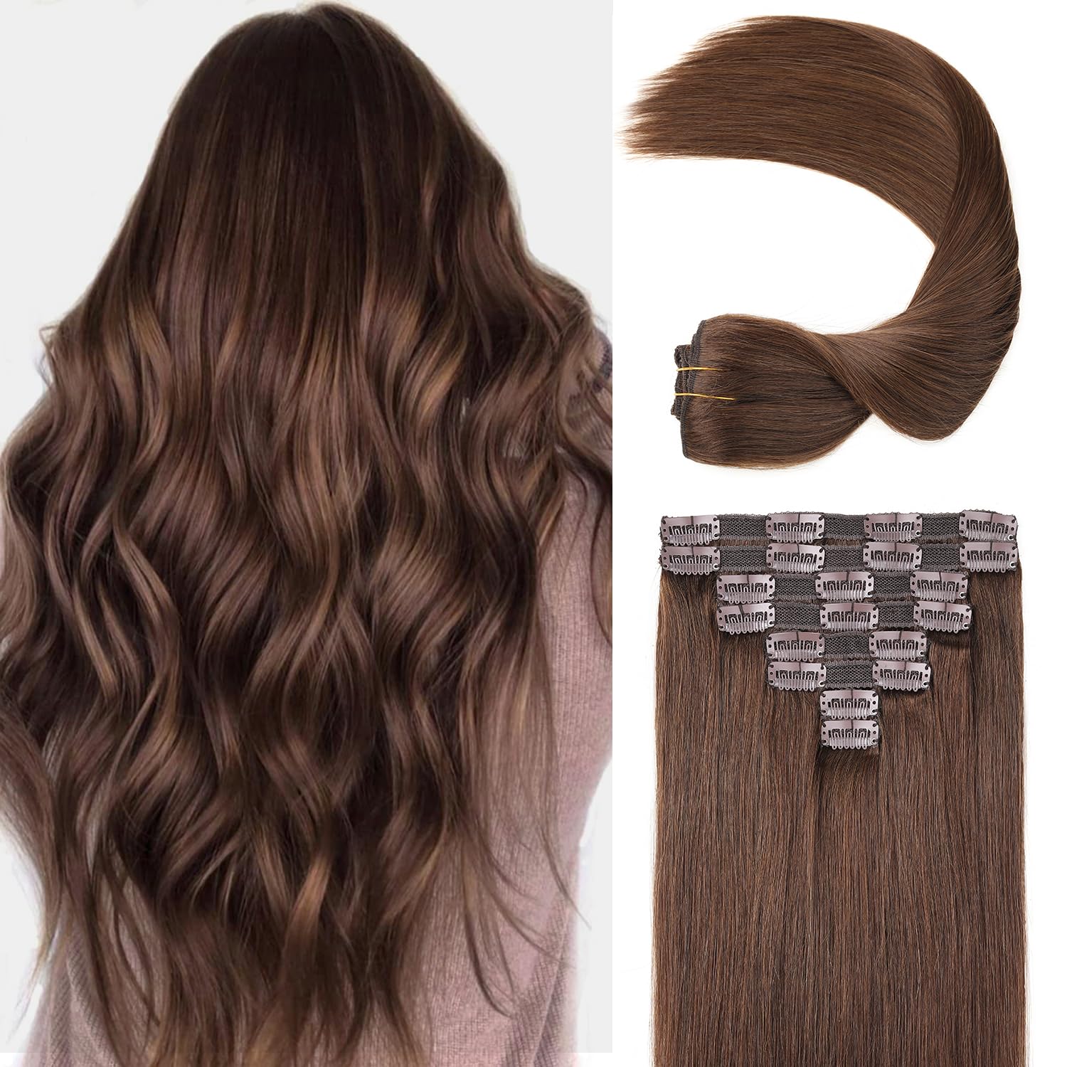 120g 8-Piece Clip-In Human Hair Extensions - 22 Inch Double Weft #4 Medium Brown | Real Human Hair for Volume & Length | Perfect for Daily Wear, Parties & Special Occasions