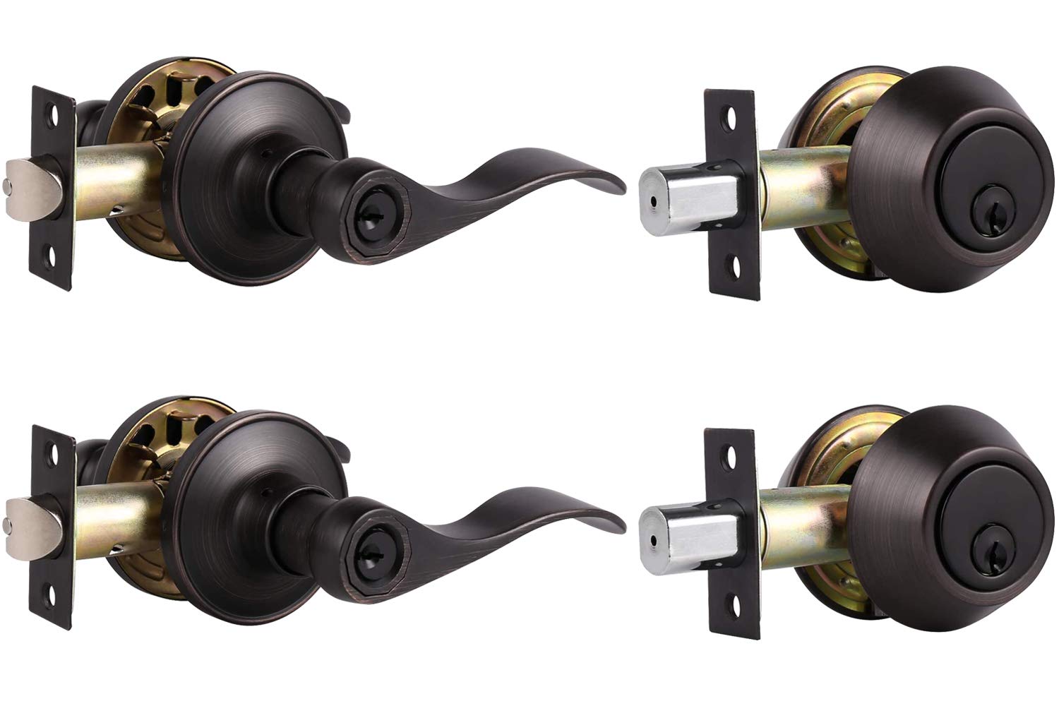 2 Pack Front Door Lockset with Single Cylinder Deadbolt - Keyed Alike Exterior Door Lock Set in Oil Rubbed Bronze Wave Style | Secure Your Home with Durable Door Handle & Deadbolt Combo for Front Entry Doors