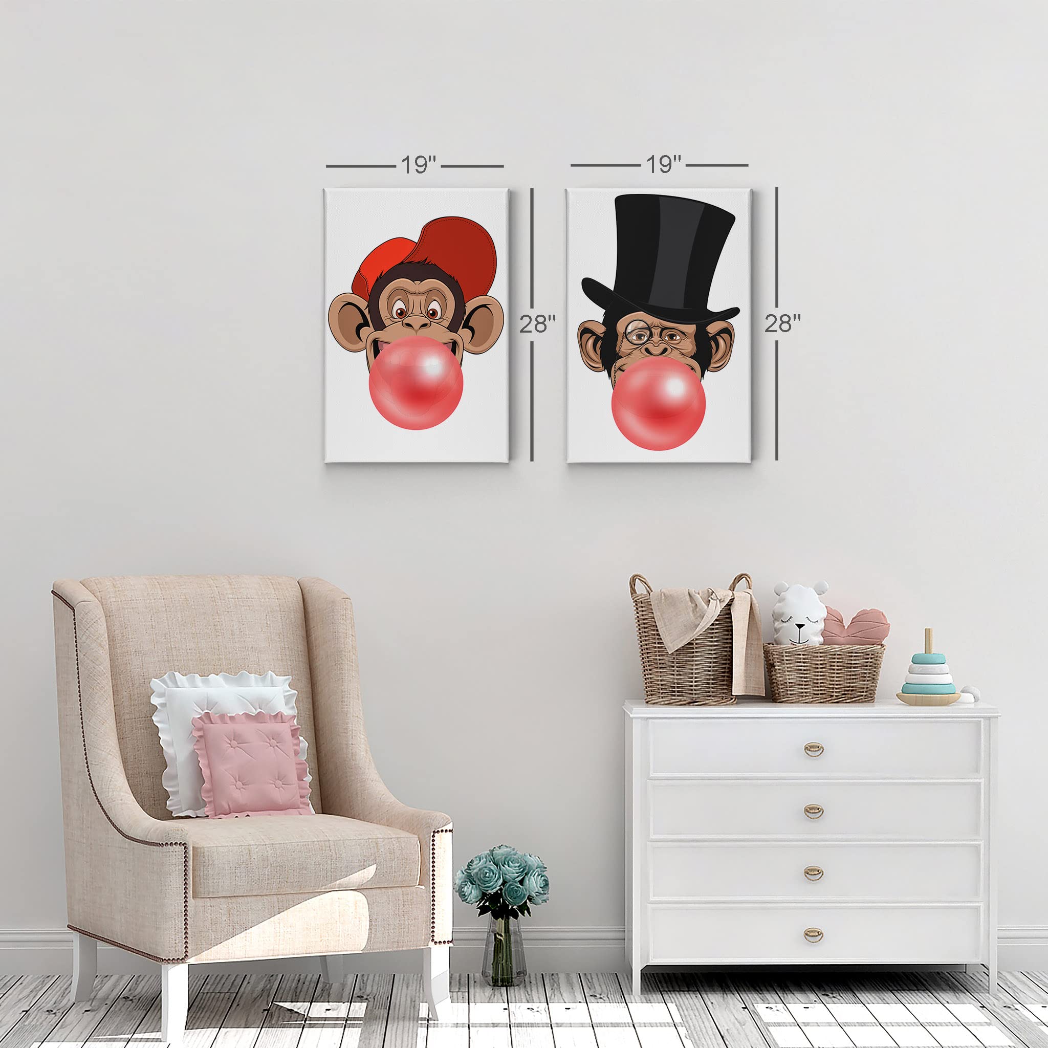 Funny Monkeys Bubble Gum Canvas Art Print Set - 2 Panel Animal Wall Decor for Nursery, Kids Room, Boy or Girl - 40x30 Inches, Made in USA (Rolled) | Perfect for Playroom, Bedroom & Gift Giving