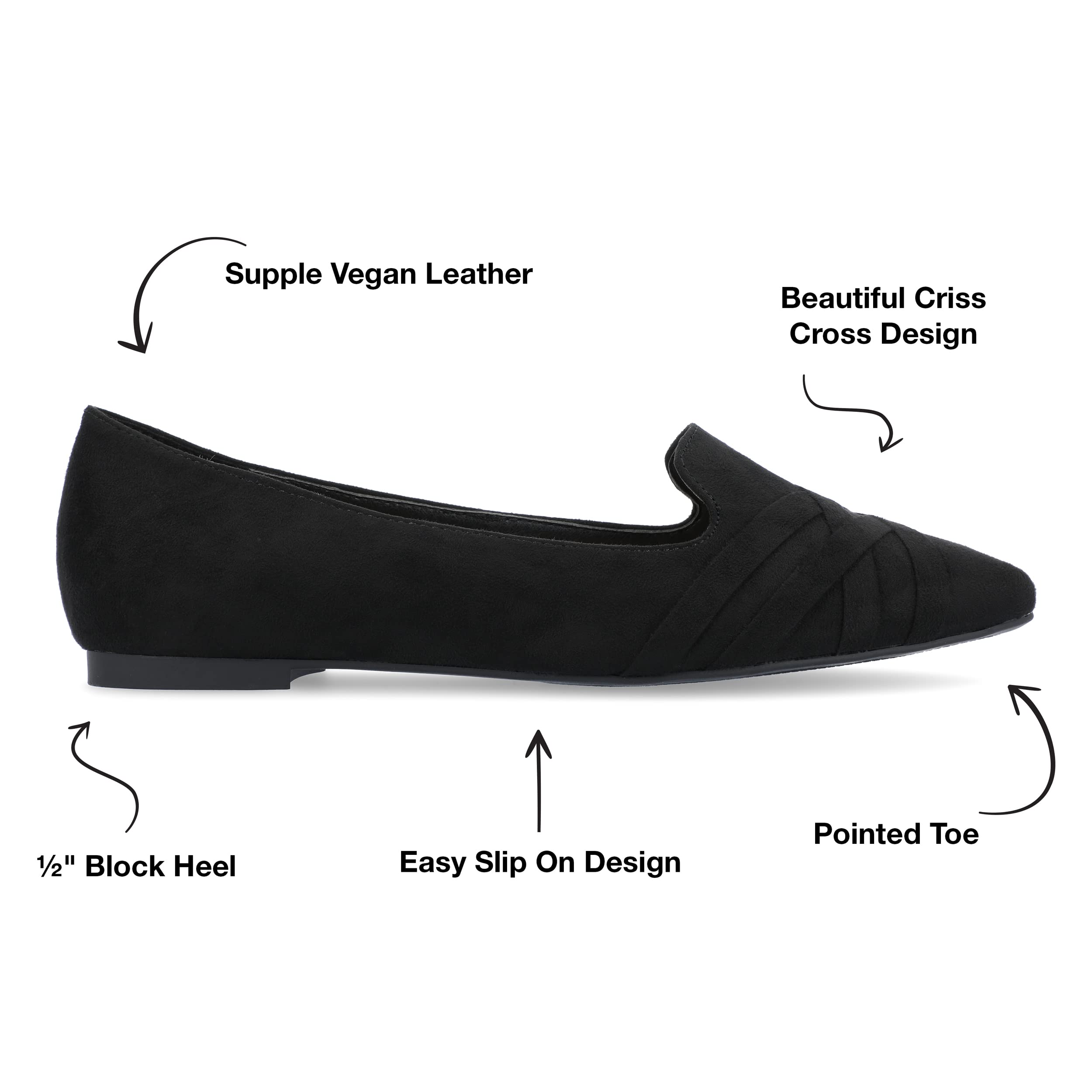 Journee Collection Women's Mindee Slip On Pointed Toe Loafers - Black Dress Flats Size 7 | Comfortable Work Shoes for Office & Business Casual Outfits