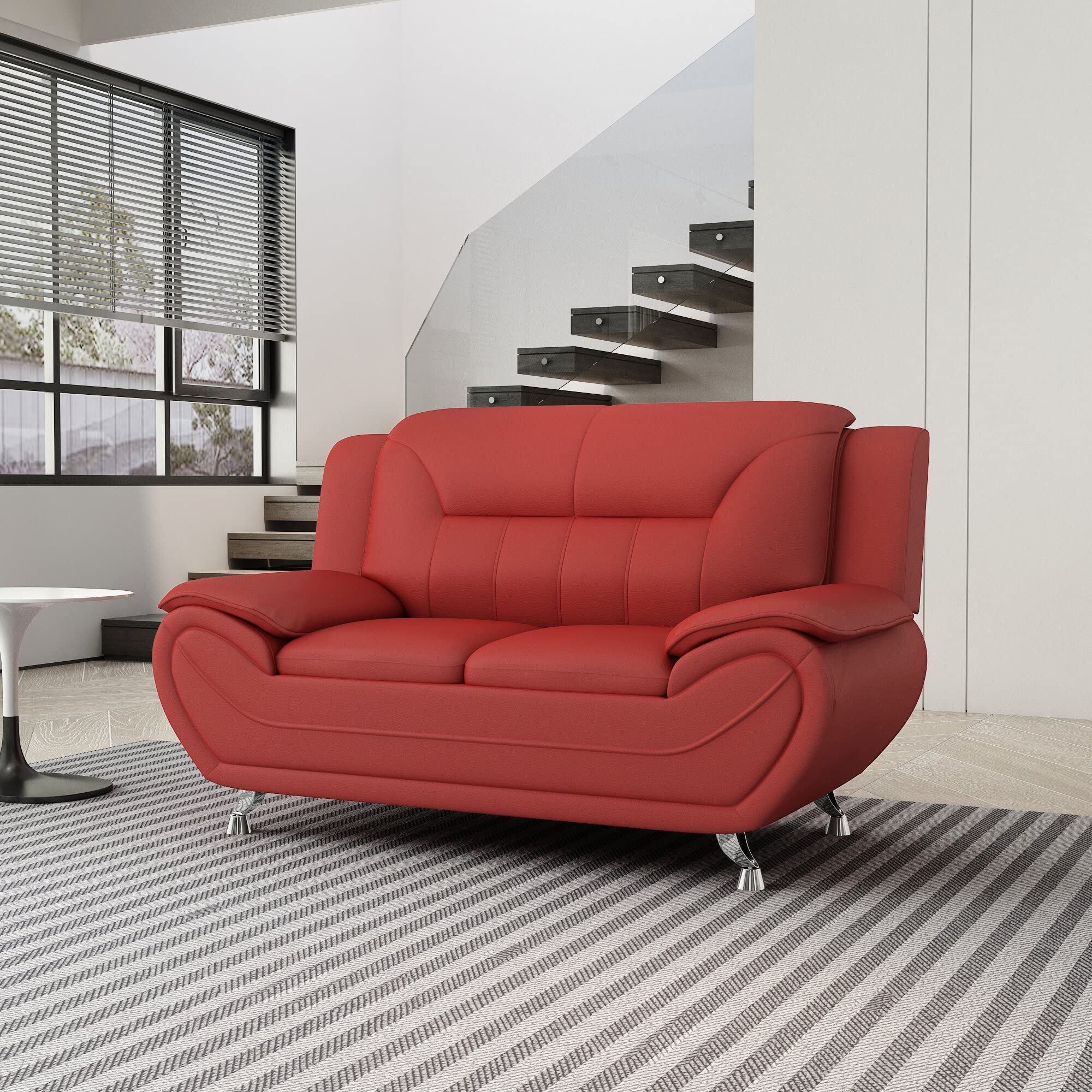 Michael Modern Faux Leather Loveseat with Stainless Steel Legs - Red Upholstered Sofa for Living Room | Perfect for Small Spaces, Apartments & Cozy Home Decor
