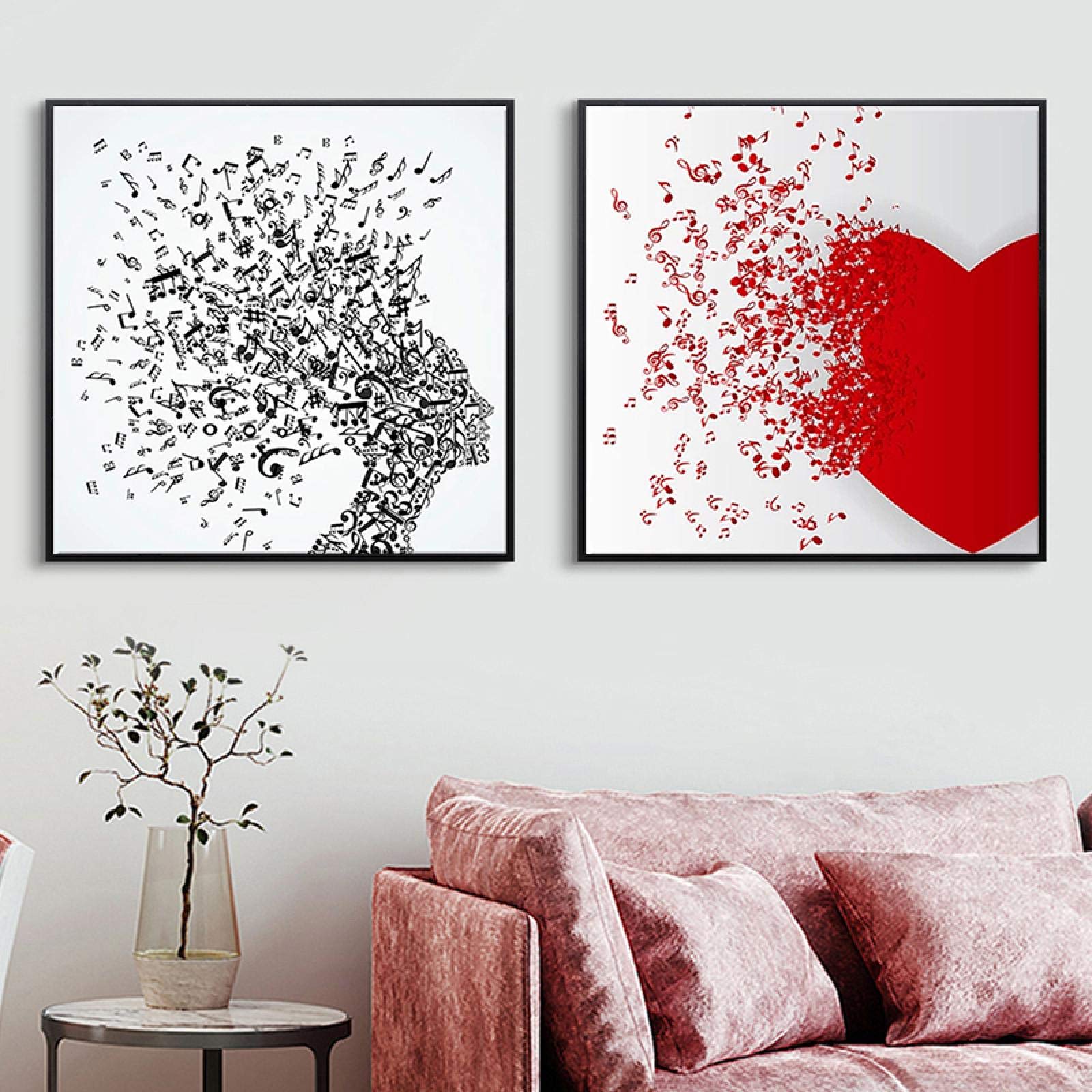 Abstract Music Symbol Red Love Heart Canvas Wall Art Prints - Frameless 50x50cm Set of 2 - Modern Home Decor for Living Room, Bedroom, Studio & Bathroom | Perfect Gift for Music Lovers & Romantic Couples