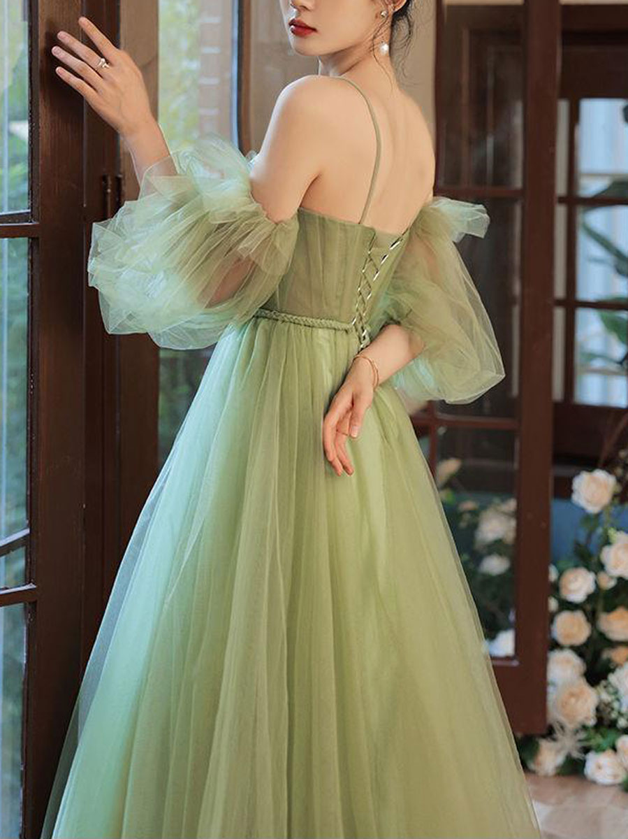 Elegant Green A-Line Long Prom Dress with Tulle Skirt - Perfect for Bridesmaids, Evening Gala & Formal Events