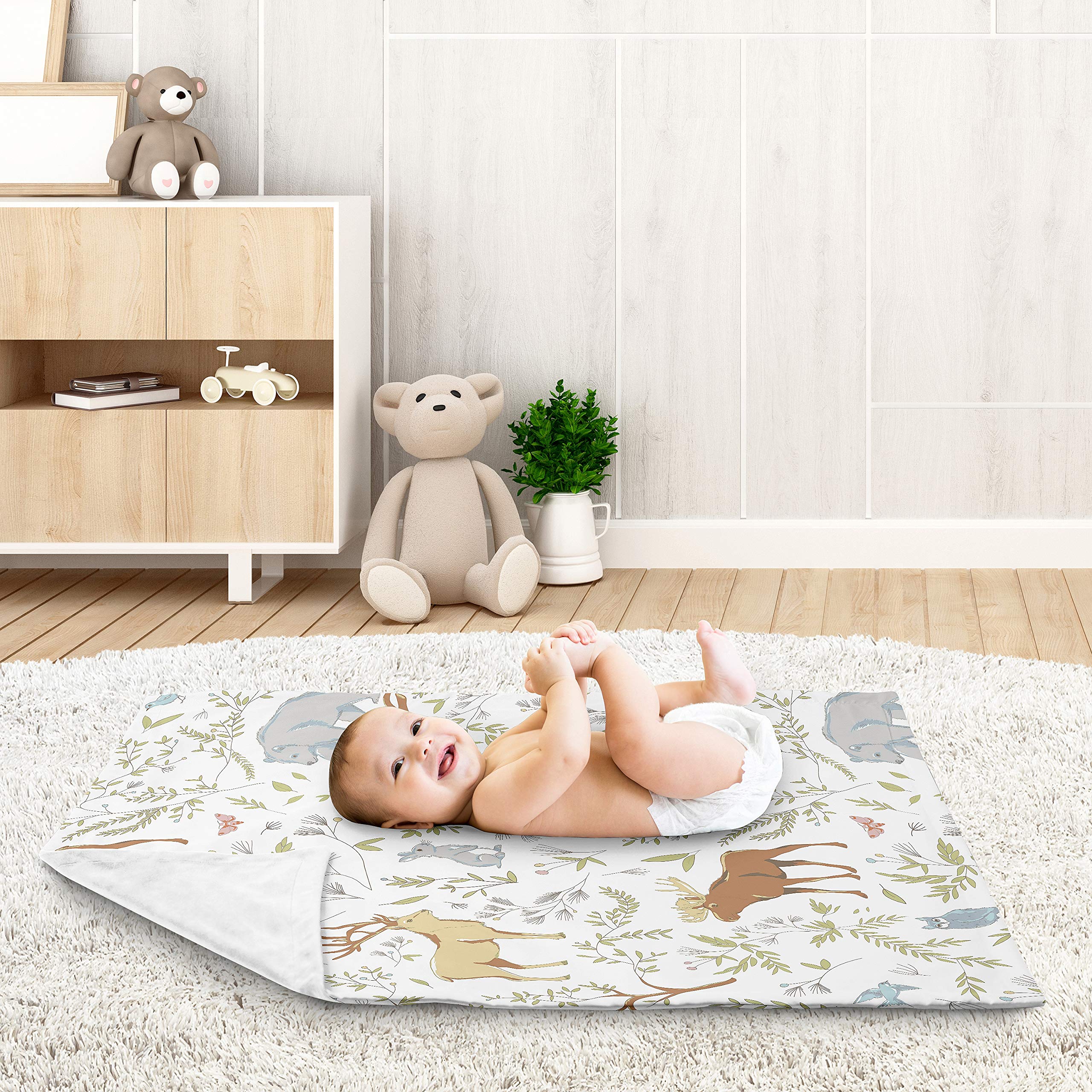 Sweet Jojo Designs Woodland Animal Swaddle Blanket - Bear Deer Fox Print, Soft Minky Fabric for Baby Boys & Girls, Newborn Toddler Nursery, Car Seat & Stroller Accessories (Grey, Green, Brown) - Perfect for Cozy Naps, Photo Shoots & Outdoor Adventures