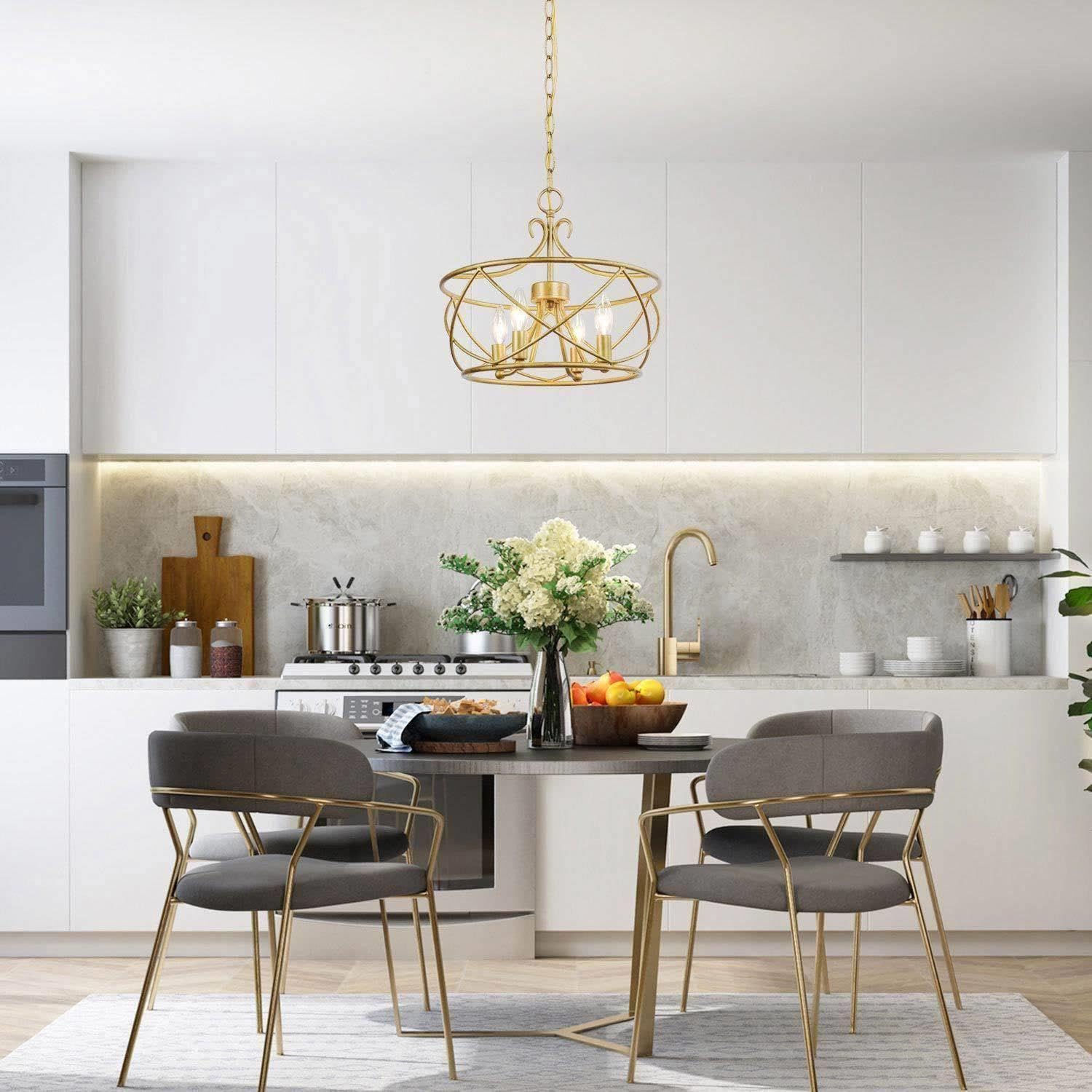 Modern Gold Chandelier - 4-Light Drum Pendant Light Fixture with Antique Gold Finish for Dining Room, Living Room, Bedroom, Foyer & Kitchen | Elegant Lighting for Home Decor & Interior Design