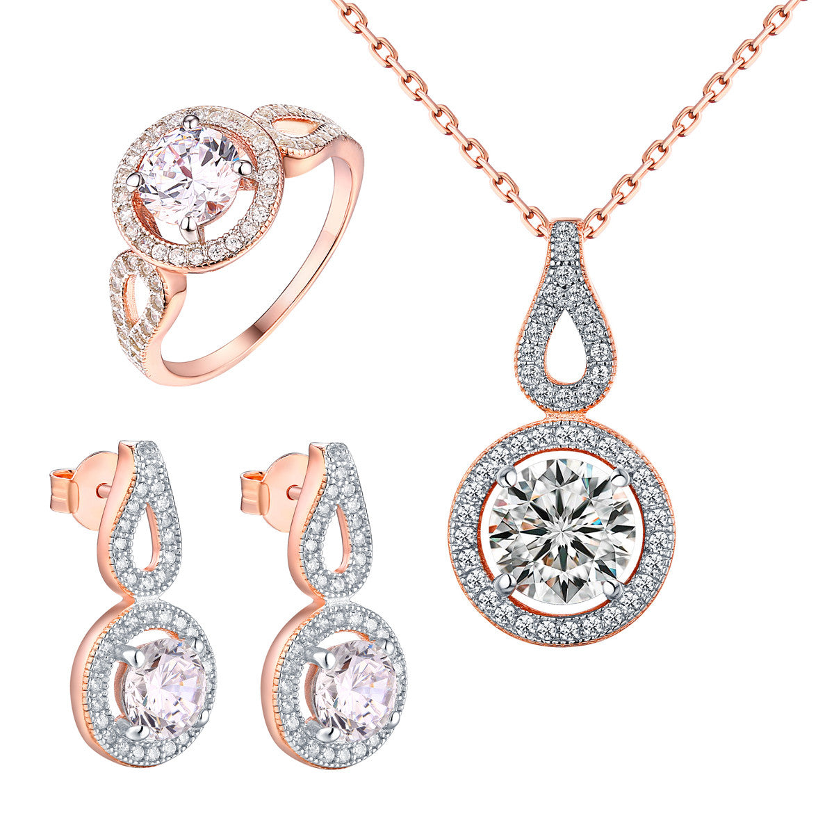Rose Gold Tone Solitaire Earrings, Pendant Necklace & Ring Set for Women - Perfect for Weddings, Parties & Everyday Elegant Jewelry