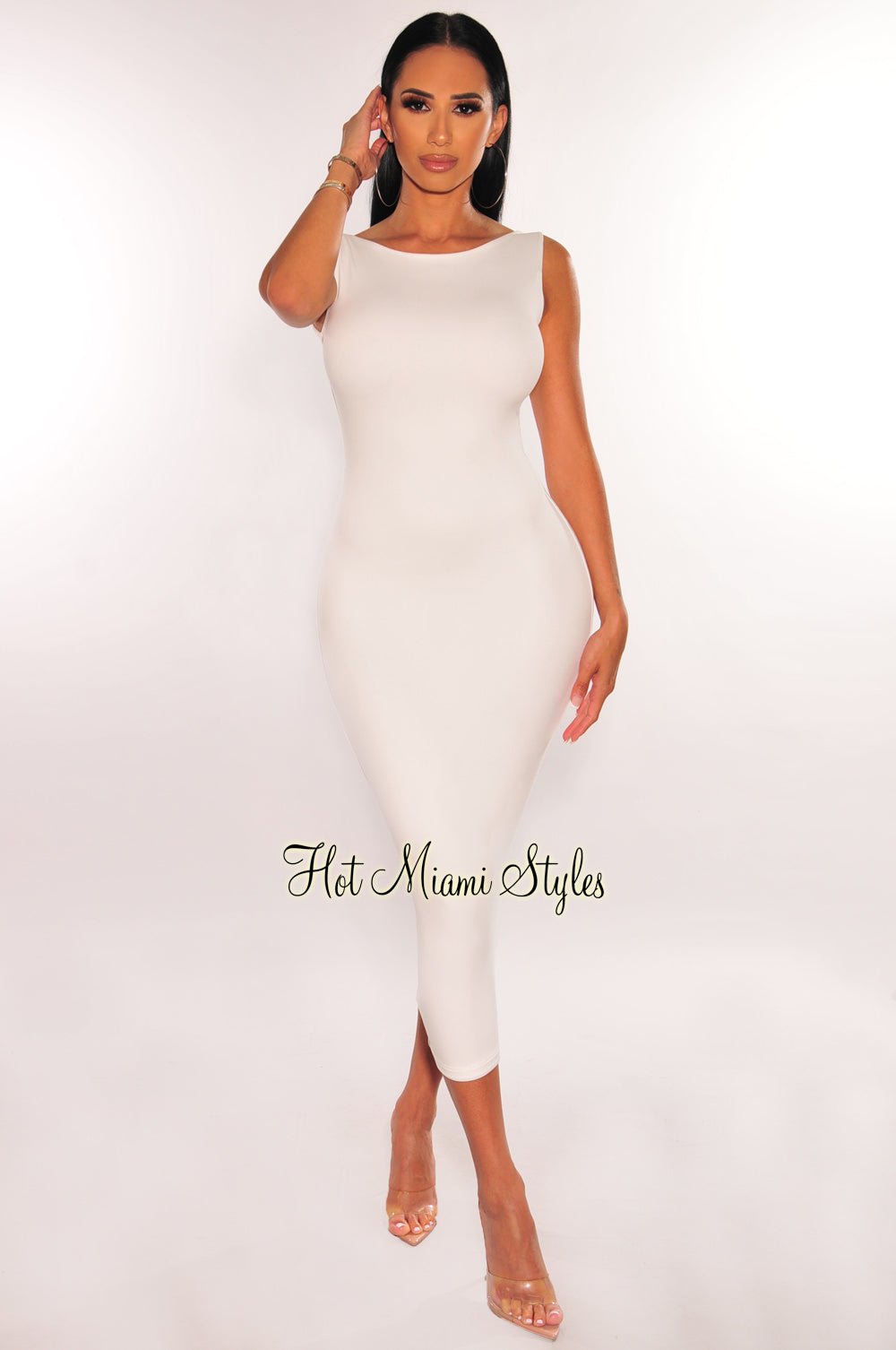 HMS Essential Women's White Sleeveless Round Neck Midi Dress - Casual Summer Dress for Beach, Party & Everyday Wear