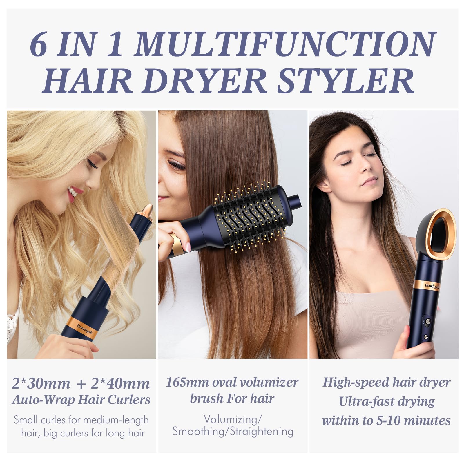 6-in-1 Hair Dryer Brush & Curling Iron Set - Professional Hot Air Styler for Fast Drying, Smoothing & Volumizing - No Heat Damage Blowout Tool with Travel Case (Prussian Blue) - Perfect for Home Use, Salon Styling & Travel