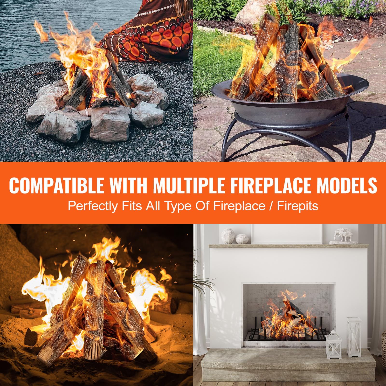 VEVOR 8-Piece Realistic Oak Gas Fireplace Logs Set - Heat-Resistant Ceramic Wood Logs for Indoor & Outdoor Fire Pits, Fire Bowls, and Fireplaces - Stackable Natural-Looking Wooden Branches for Cozy Ambiance