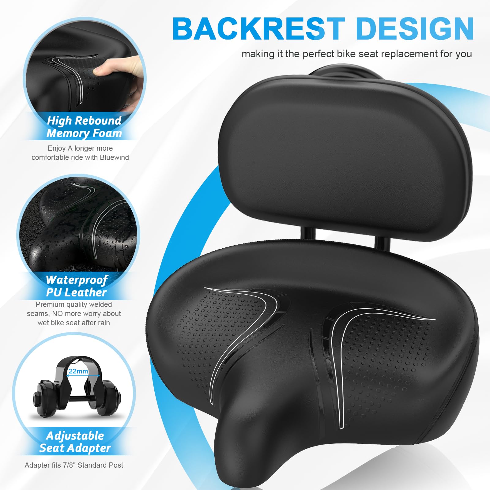 **BLUEWIND Oversized Bike Seat - Wide Comfortable Bicycle Saddle with Backrest for Electric, Exercise & Stationary Bikes - Universal Fit for Men & Women - Perfect for Long Rides, Commuting & Indoor Cycling**