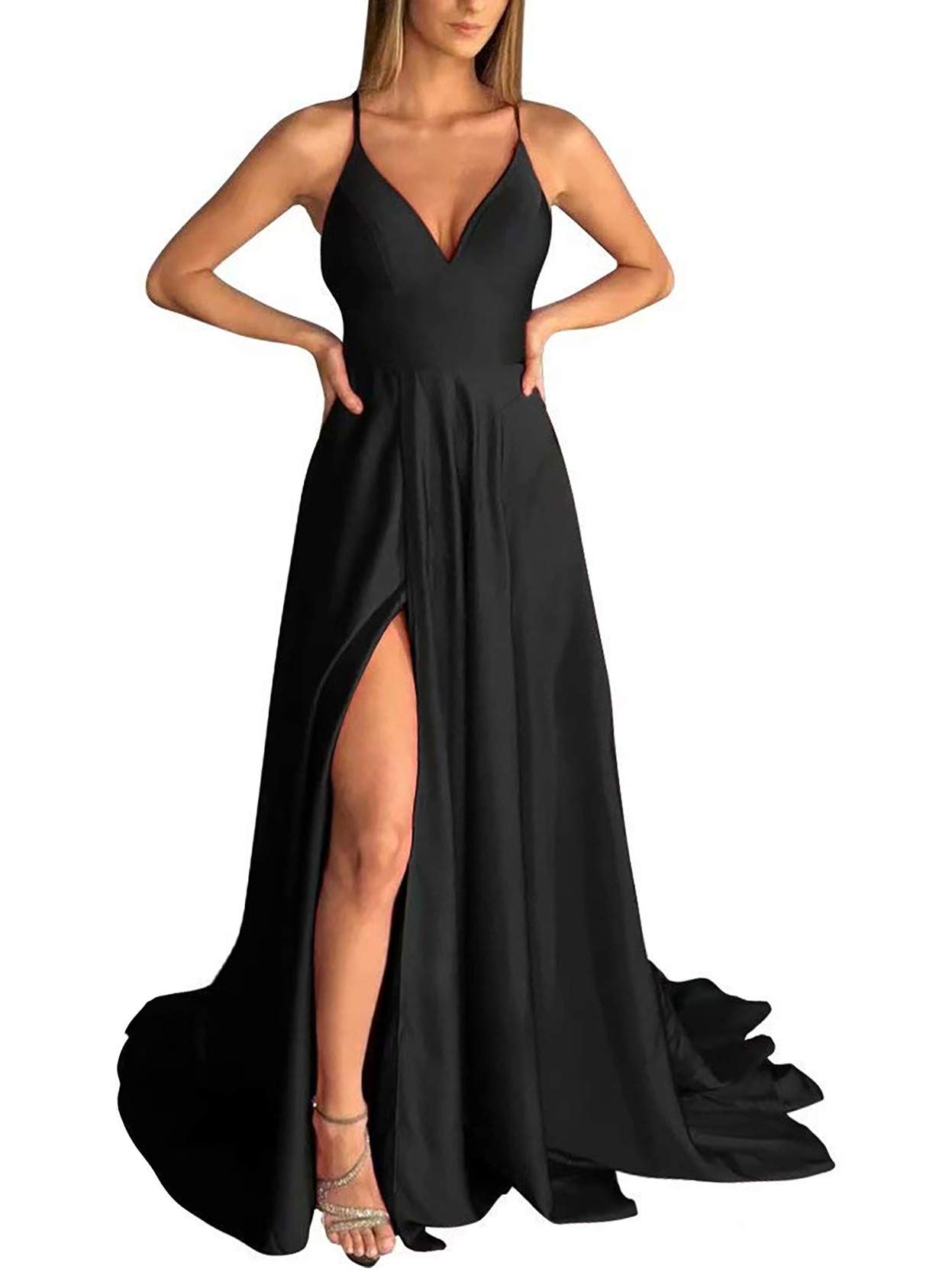 Elegant Women's V-Neck Backless Prom Dress - Long Satin Maxi Party Gown with Thigh High Slit & Pockets - Perfect for Homecoming, Evening Gala, and Formal Events
