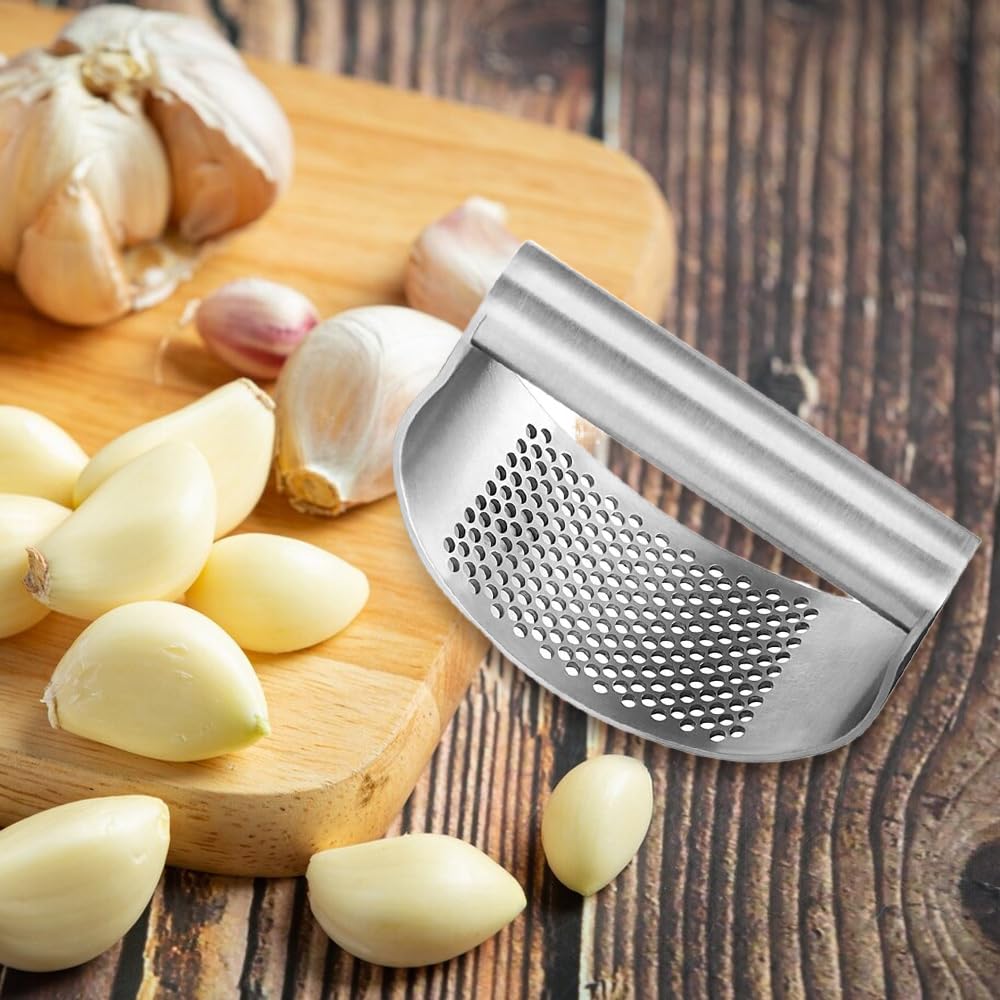 2024 Stainless Steel Garlic Press - Rocker Mincer with Peeler & Brush for Easy Kitchen Prep