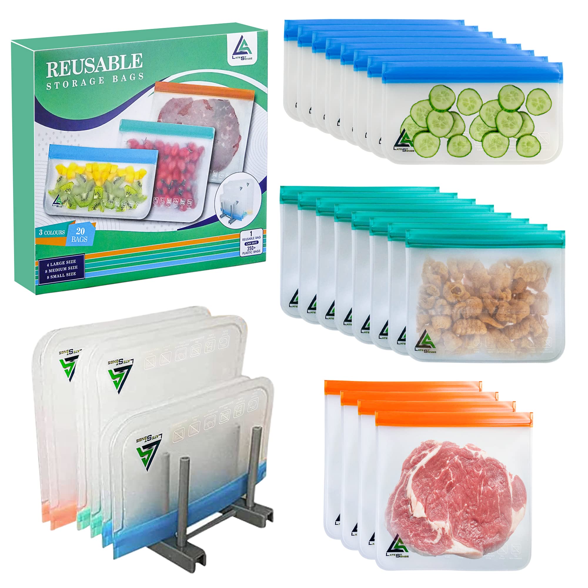 Eco-Friendly Reusable Storage Bags 20 Pack - BPA-Free Sandwich Bags with Drying Rack | Leakproof Freezer Bags for Food, Snacks & Meal Prep | Perfect for Lunch Box, Picnics & Sustainable Kitchen Storage