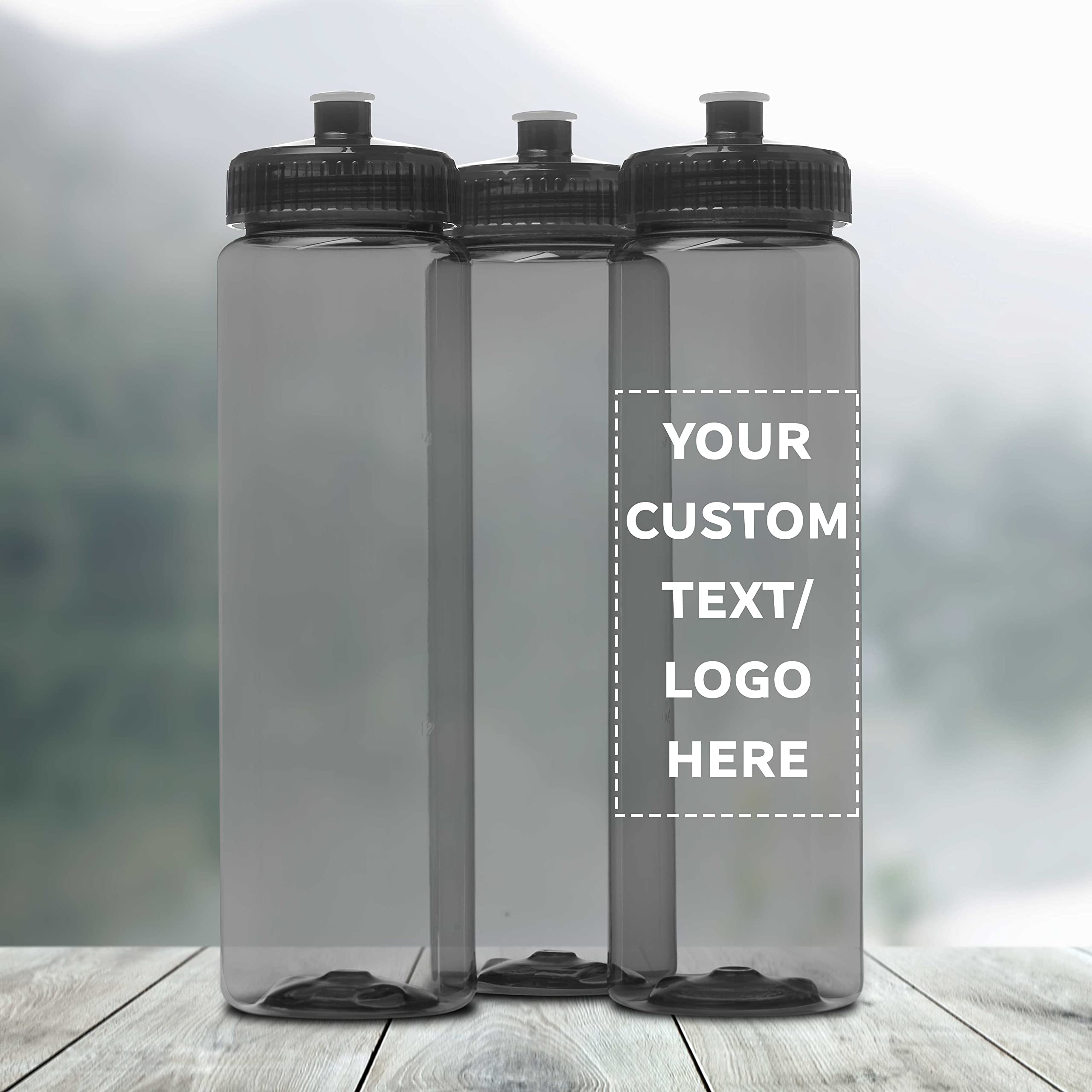 100 Pack 32oz Clear Plastic Water Bottles with Push-Pull Lids - Custom Text & Logo Printing - Durable, Leak-Proof, BPA-Free - Ideal for Sports, Gym, Office & Outdoor Activities - Transparent Smoke Color