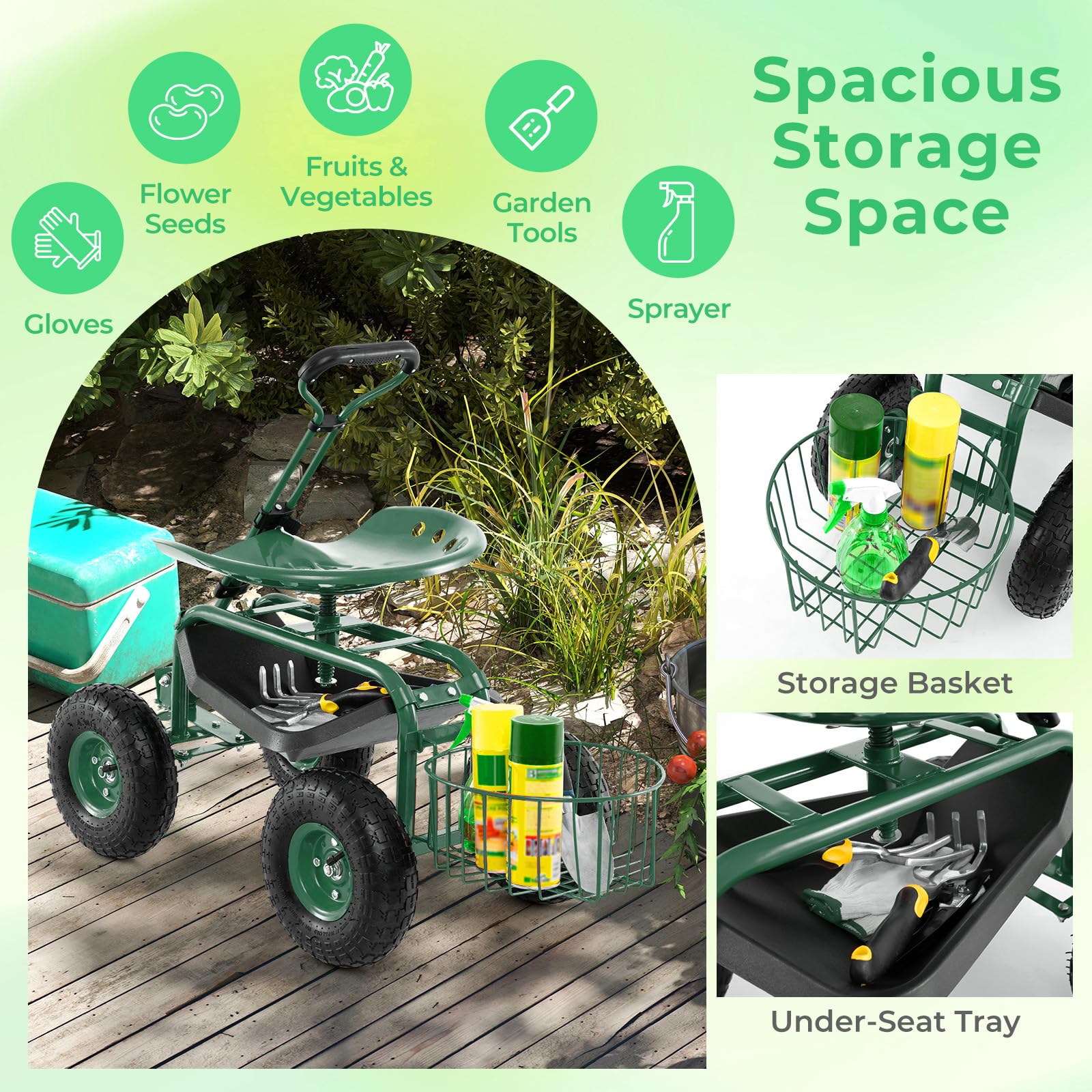 DORTALA Heavy Duty 4-Wheel Garden Cart with 360° Swivel Seat, Storage Basket & Tool Tray - Adjustable Steering Handle & Height for Gardening, Planting & Yard Work | Perfect for Greenhouse, Farm & Outdoor Landscaping