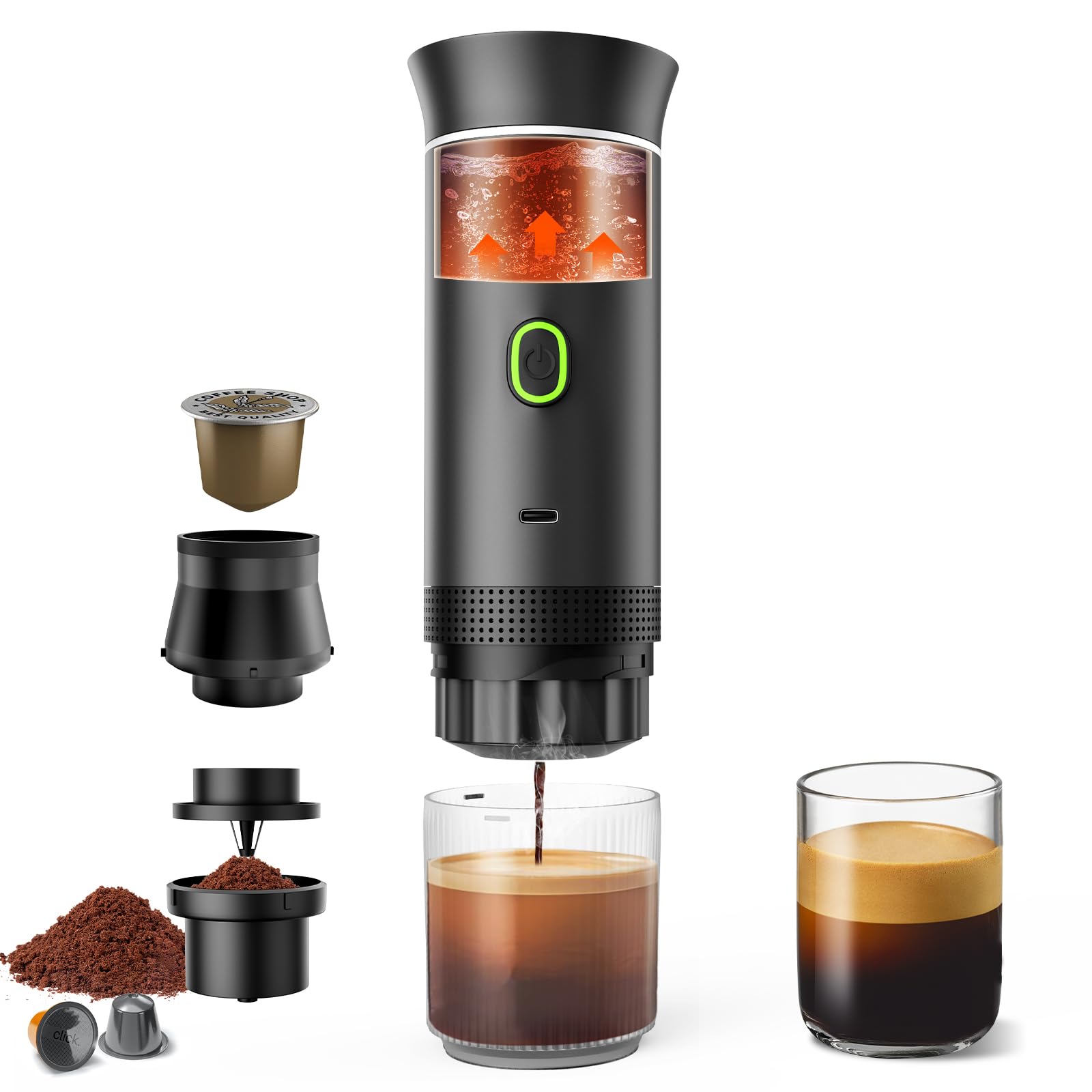 Portable Electric Espresso Maker - 20 Bar Mini Travel Coffee Machine with USB-C Charging | 3-in-1 Self-Heating Car Coffee Maker for Ground Coffee & Capsules (NS&DG Compatible) | Perfect for Office, Camping, RV & Travel Use
