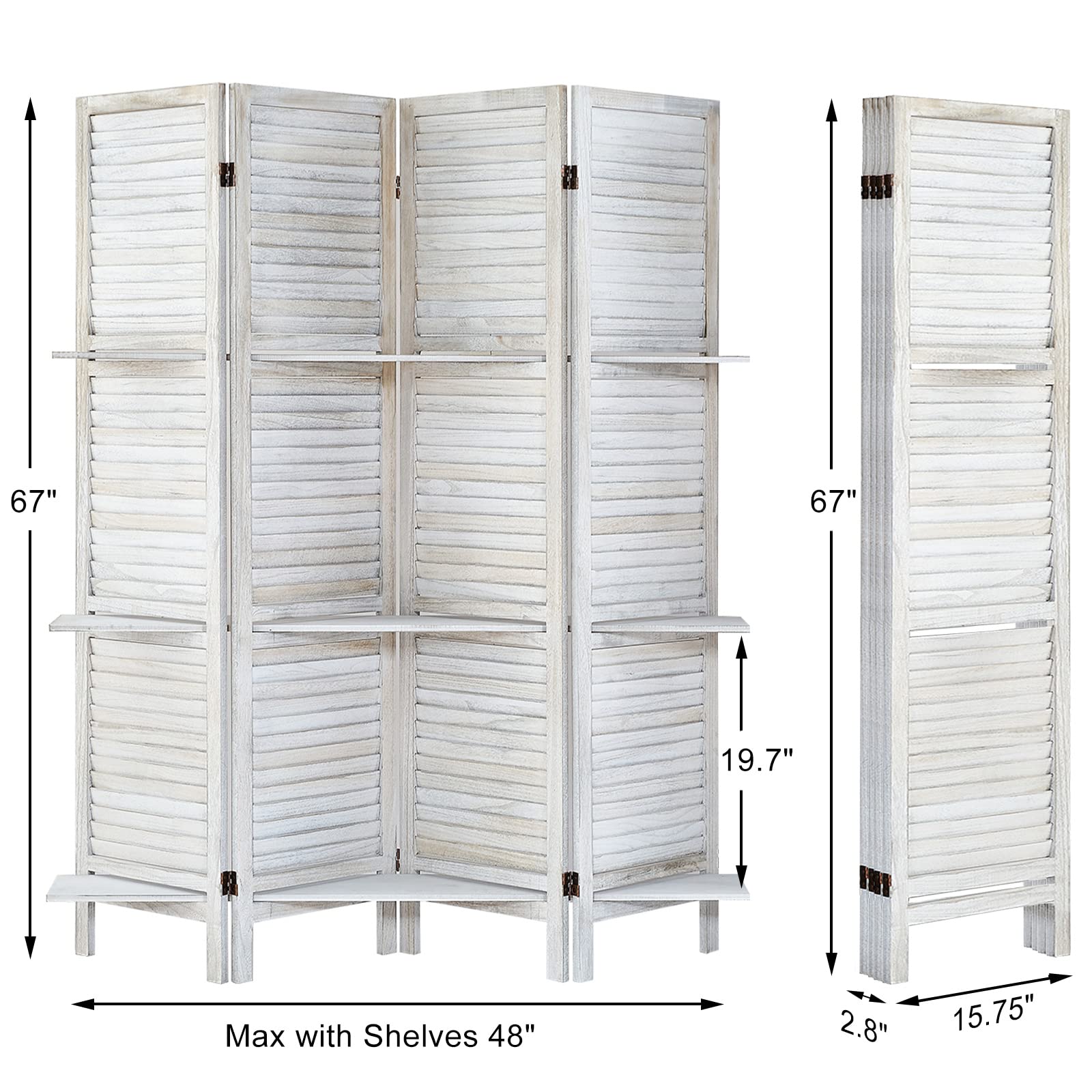 4-Panel Wooden Room Divider with Shelves - Folding Privacy Screen & Temporary Wall Partition - Coconut Finish for Home, Office & Studio Separation