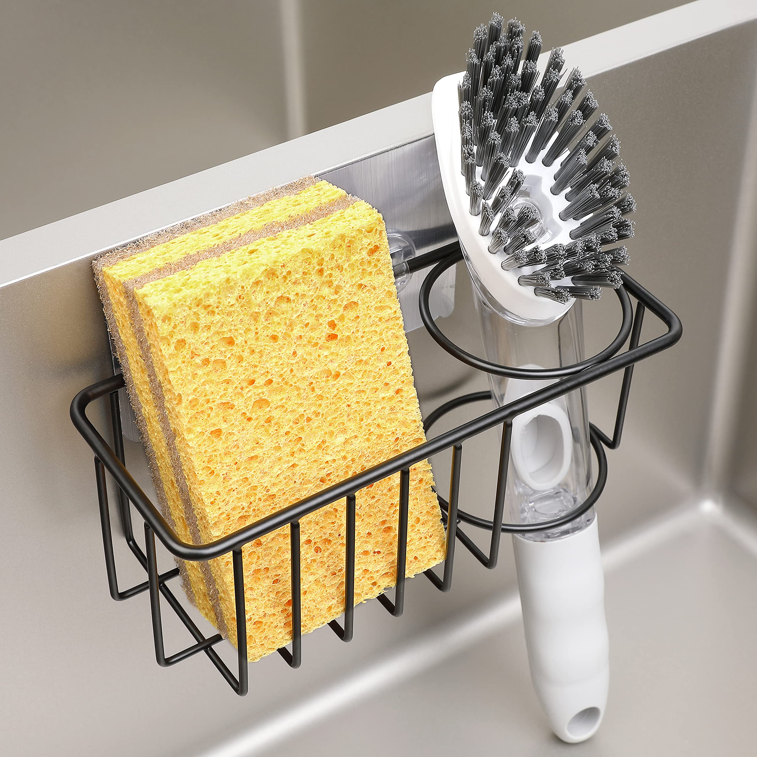 304 Stainless Steel Kitchen Sink Caddy Organizer - Adhesive Sponge & Dish Brush Holder for Sink - Black | Space-Saving Sink Accessory for Kitchen Organization & Cleaning Tools Storage