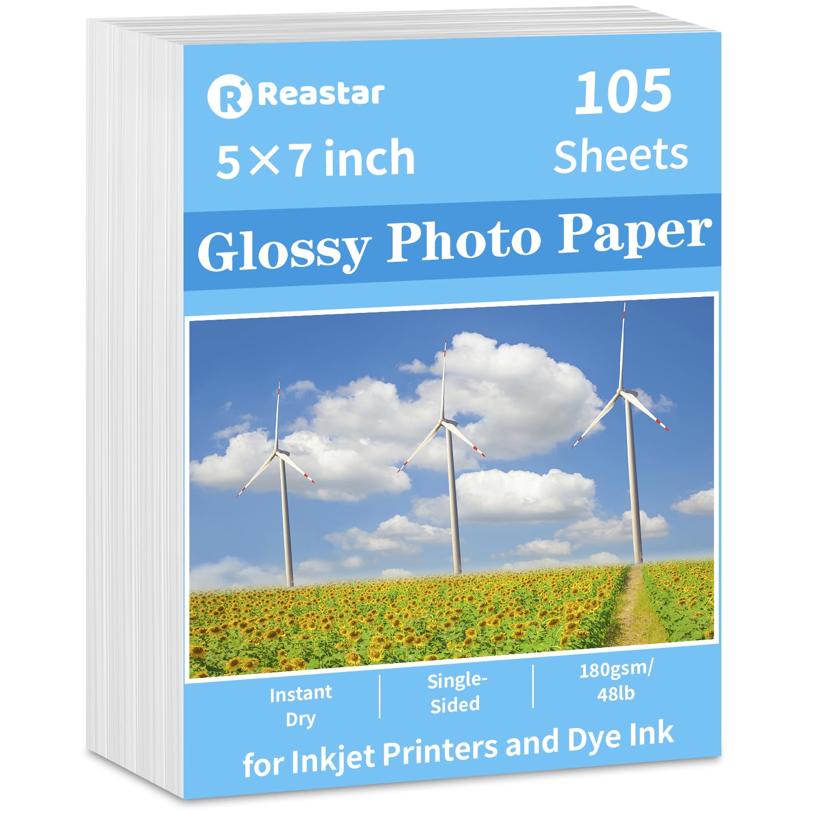 5x7 Glossy Photo Paper - 105 Sheets, 180gsm/48lb Premium Inkjet Printer Paper for Instant Dry Printing | Perfect for DIY Chip Bags, Flyers, Greeting Cards, Calendars, Brochures & Photo Projects | Home Office & Crafting Essential