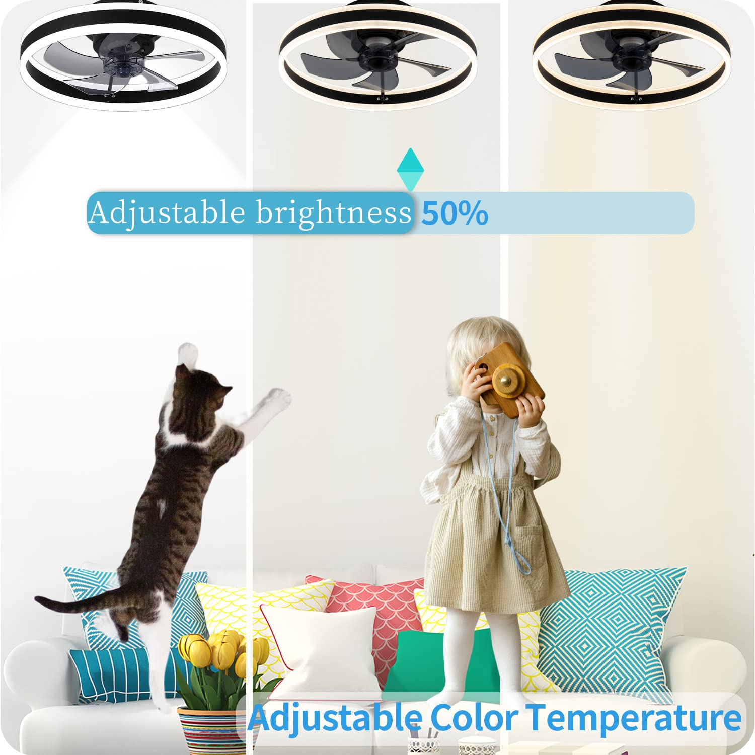 Bladeless Ceiling Fan with LED Lights & Bluetooth Speaker - Quiet, Low Profile, Smart App & Remote Control, Stepless Dimming, 3 Color Options, 6 Speed Settings, Reversible, 19.7 Inch - Perfect for Bedroom, Living Room, and Office Spaces