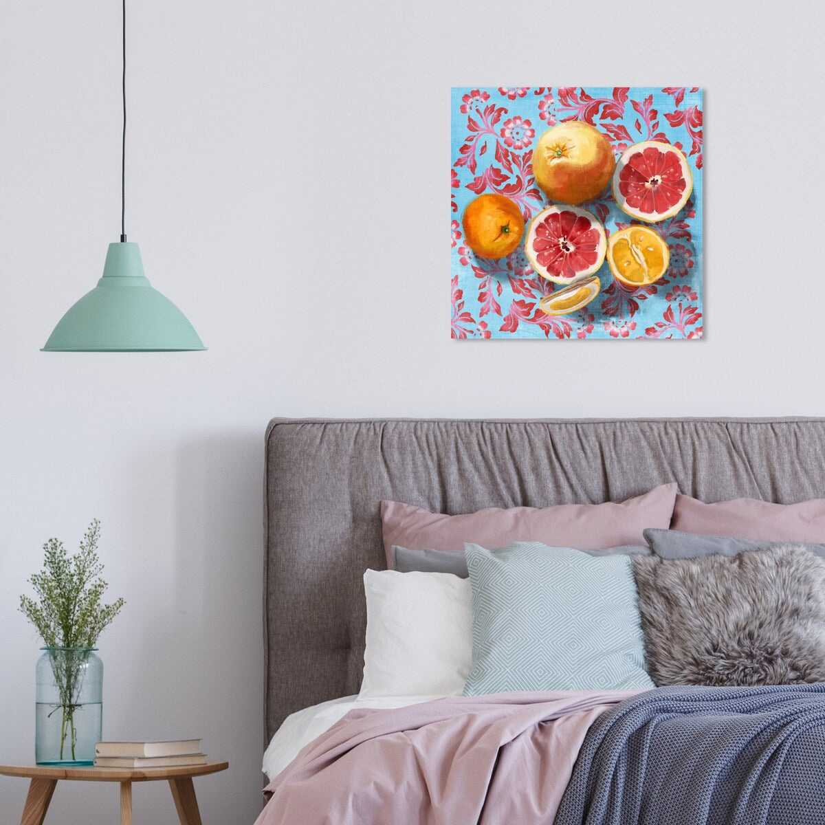 Tropical Citrus Still Life Blue Canvas Wall Art Print - Kitchen & Cabin Decor - Perfect for Farmhouse, Lodge, and Rustic Home Decor