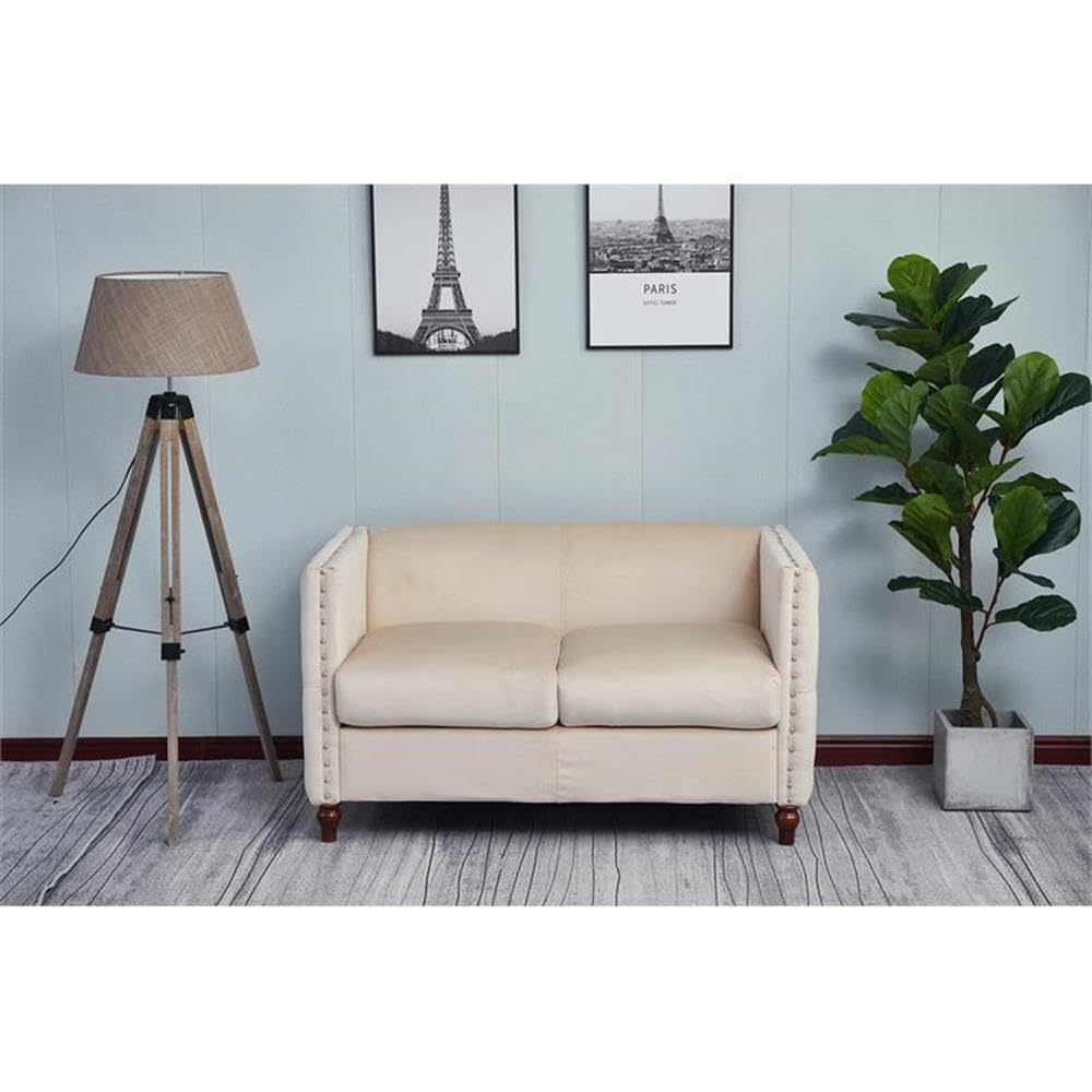 Luxury Avin Velvet Nail Head Loveseat Sofa - Beige Upholstered Living Room Furniture for Small Spaces | Perfect for Apartments, Condos & Cozy Home Decor