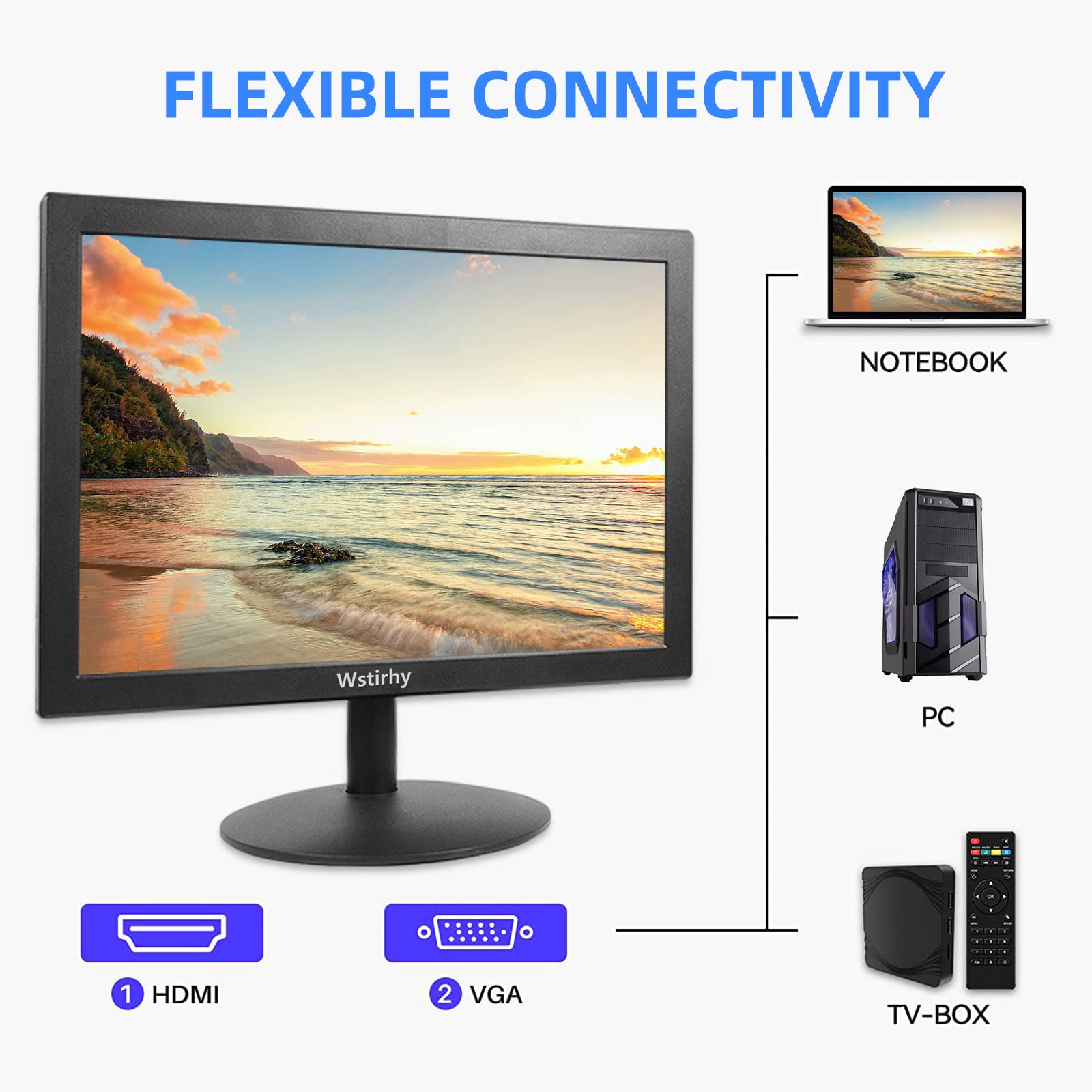 15.4 Inch Small Computer Monitor with 1600x900 Resolution - HDMI & VGA Ports, Built-in Speakers - Mini Display for Fire Stick, Laptop, PC, Kitchen TV - Perfect for Home Office, Gaming & Cooking Entertainment