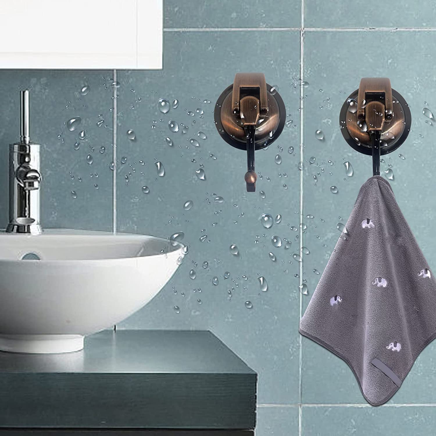 Heavy Duty Vacuum Suction Cup Hooks for Shower - 2 Pack Antique Brass Glass Suction Hooks, No Drill Reusable Towel & Robe Hooks - Perfect for Bathroom Organization, Garland Decoration & Home Decor