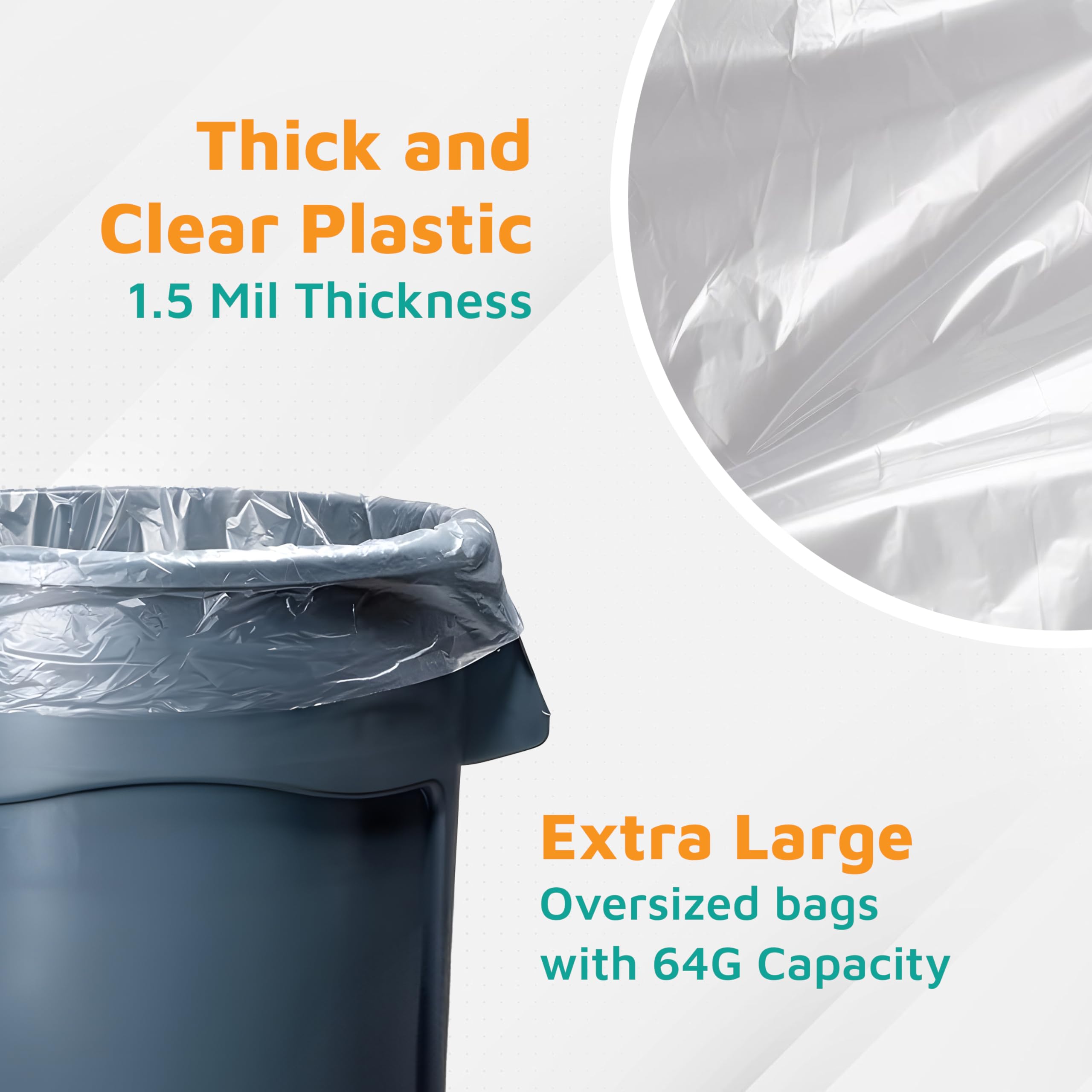 **PlasticMill Heavy Duty 64-Gallon Clear Trash Bags - 1.5 Mil Thick, 50