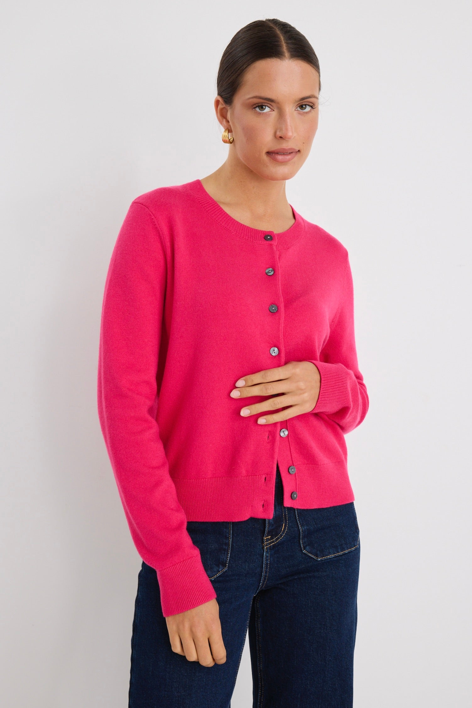 Luxury Hot Pink Cashmere Blend Crewneck Cardigan for Women - Soft & Warm Knit Sweater - Perfect for Office, Date Night & Fall Layering
