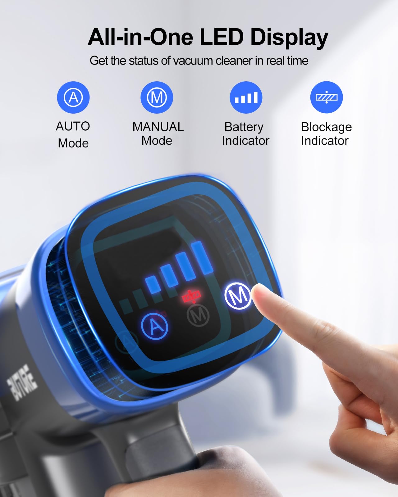 Powerful 38KPa Cordless Stick Vacuum Cleaner with Brushless Motor & Charging Dock - 450W Strong Suction for Pet Hair, Carpets & Hard Floors - Auto Suction Adjustment - Blue Home Cleaning Vacuum - Perfect for Quick Cleanups & Deep Cleaning Sessions