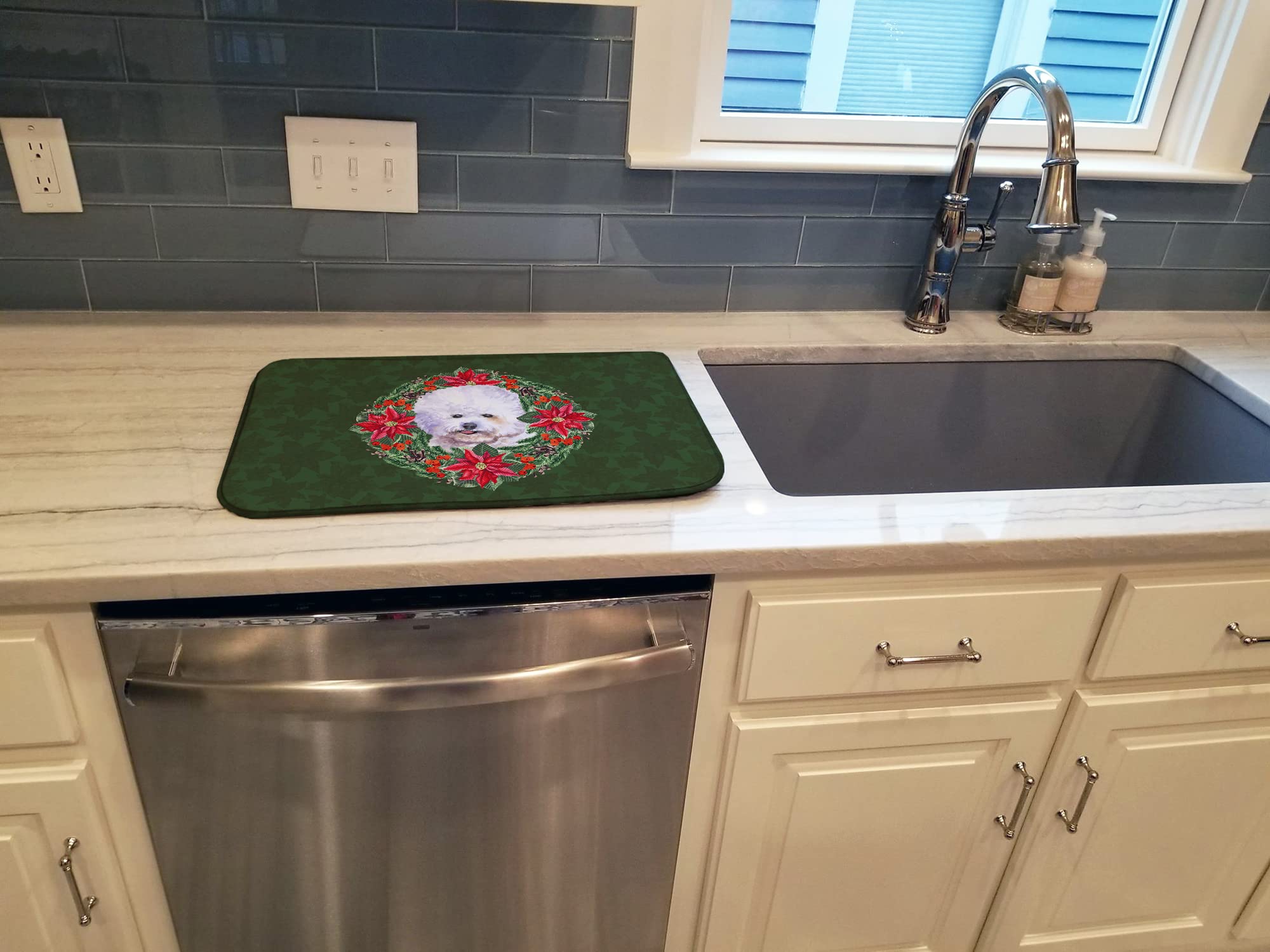 Bichon Frise Poinsettia Wreath Dish Drying Mat - Absorbent Kitchen Counter Mat for Holiday Decor