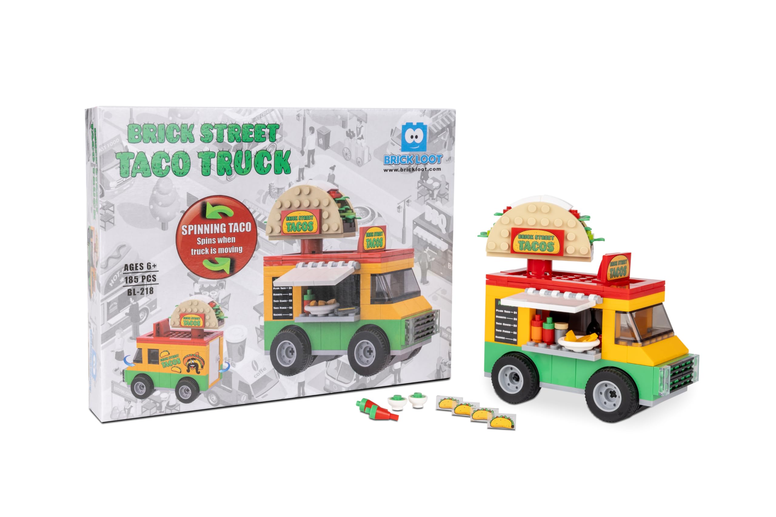 Brick Loot Taco Truck Toy Building Block Set - 185 Pieces with Spinning Street Sign | Compatible with Lego & Major Brands | Creative STEM Toy for Kids Age 6+ & Adults | Perfect for Playtime, Collectors & DIY Model Building