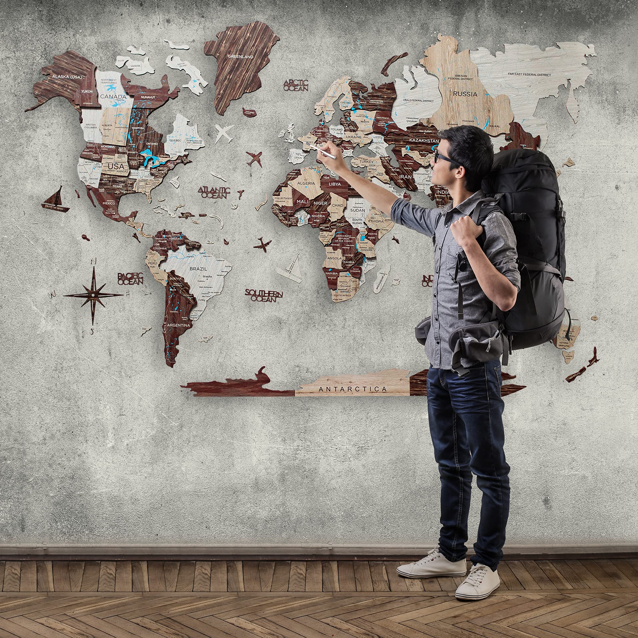 Handmade 3D Wooden World Map Wall Art - Large Wall Decor for Travel Lovers - Track Your Adventures - Perfect for Home, Kitchen & Office Decor (Medium Size, Cappuccino Finish) - Ideal for Living Rooms, Bedrooms & Workspaces
