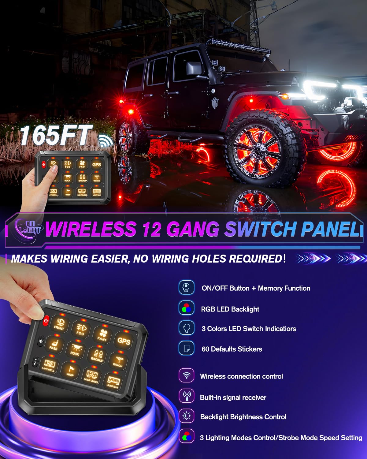 12 Gang Wireless Switch Panel Remote Control - 165FT Range, 5-Level Brightness, Solid State Relay - for Off-Road Trucks, SUVs, UTVs & RVs | Perfect for Camping, Overlanding & Vehicle Customization