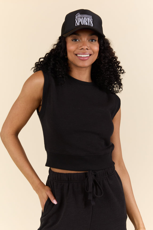 All Star Black Fitted Banded Waist Sleeveless Crop Top for Women - Trendy Summer Fashion, Casual Outfit, Gym Wear & Street Style
