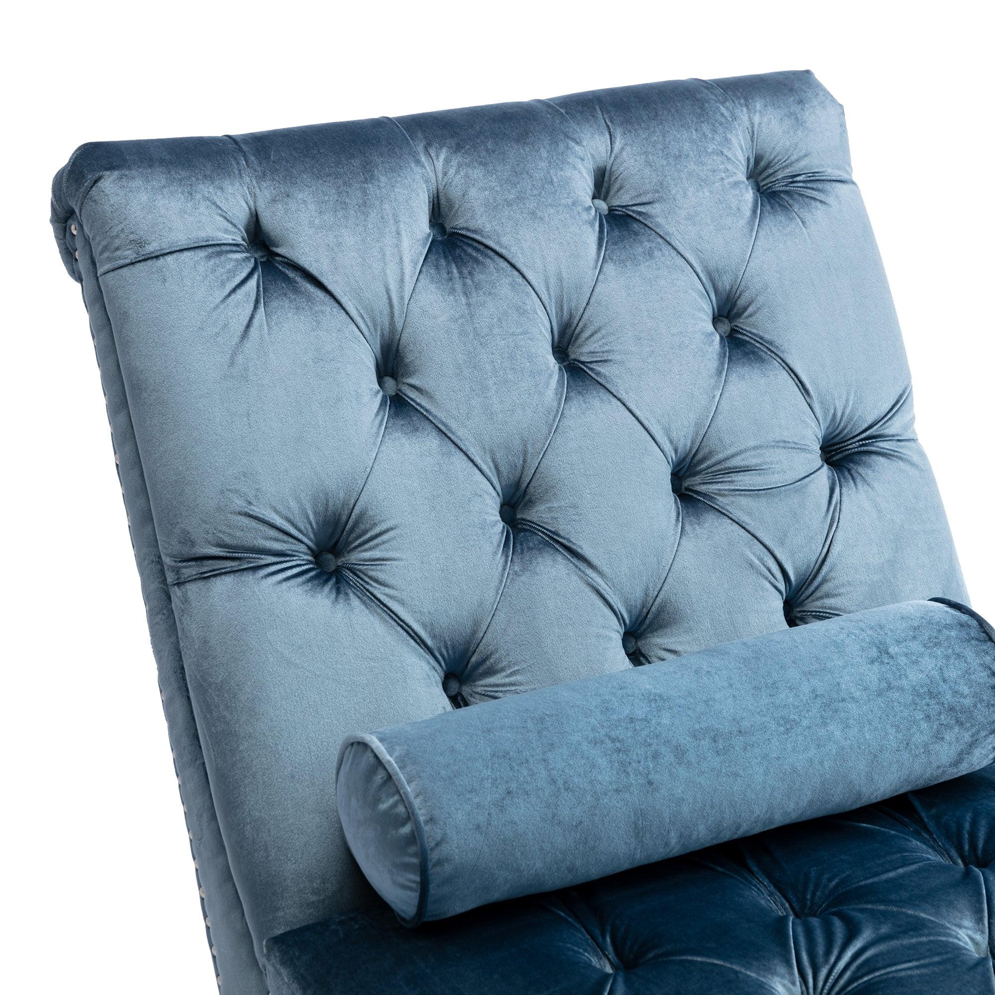 Luxury Velvet Chaise Lounge Chair - Button Tufted Upholstered Sofa with Pillow for Bedroom, Living Room & Office - Light Blue Velvet - Perfect for Relaxing, Reading & Home Decor