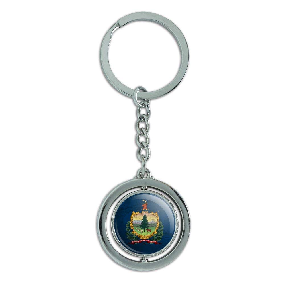 Vintage Rustic Vermont State Flag Keychain - Distressed USA Design, Spinning Round Chrome Plated Metal - Perfect for Backpacks, Gifts & Travel Accessories