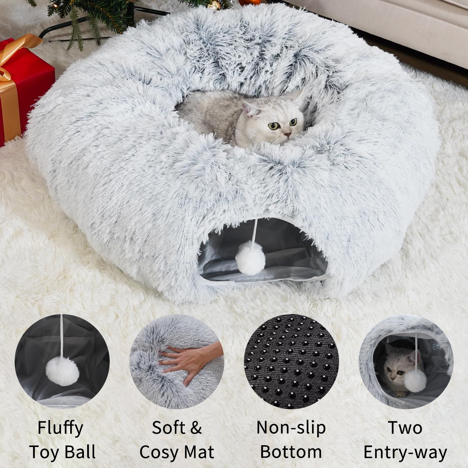 Washable Cat Tunnel Bed with Collapsible Donut Design - Indoor Cat Cave Toy for Medium & Large Cats - Peekaboo Hideaway & Play Tunnel - Perfect for Playtime, Napping & Stress Relief (Gray)