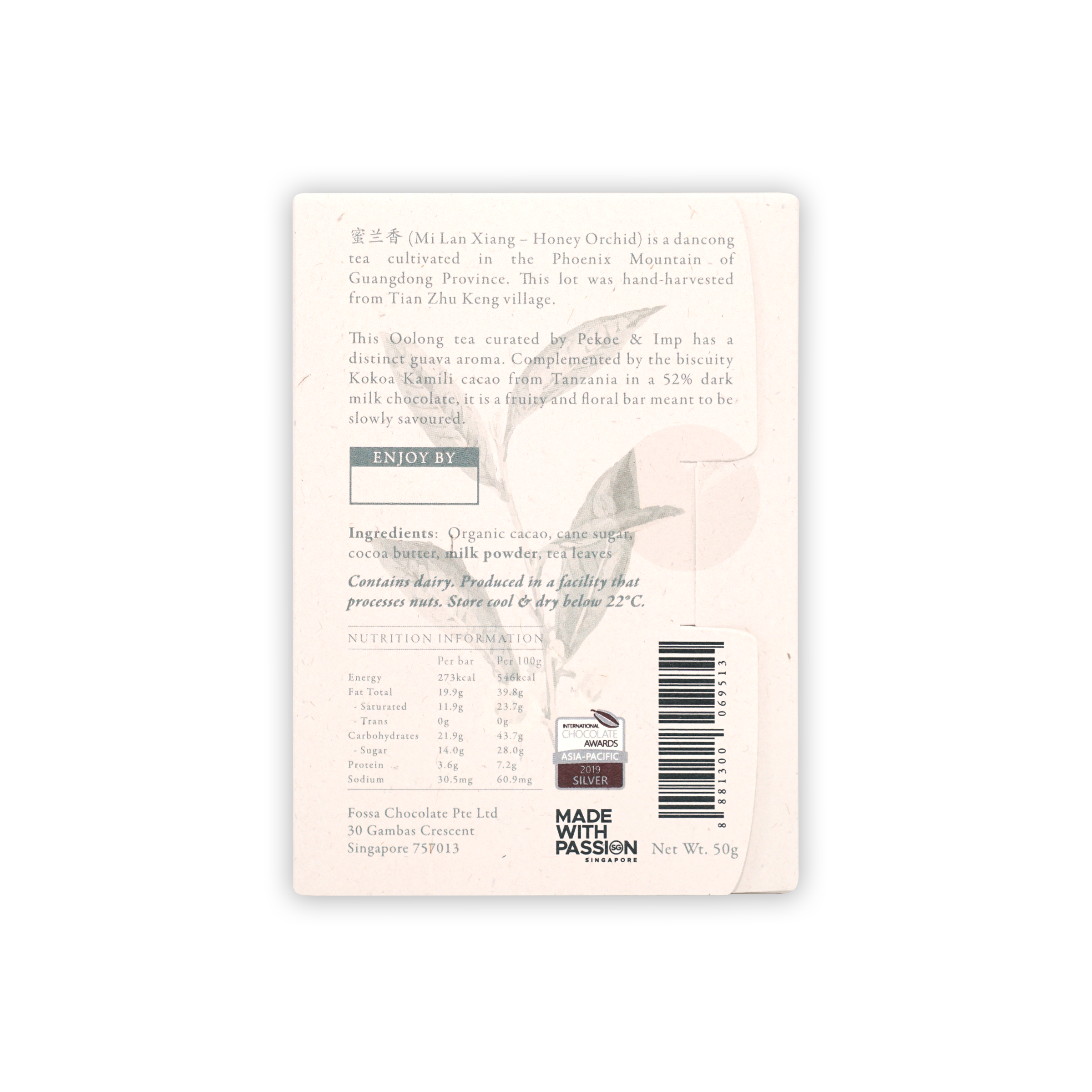 Premium Fossa Milk Chocolate Honey Orchid Dancong Oolong Tea 52% - Artisanal Taiwanese Tea for Relaxation & Afternoon Tea Time