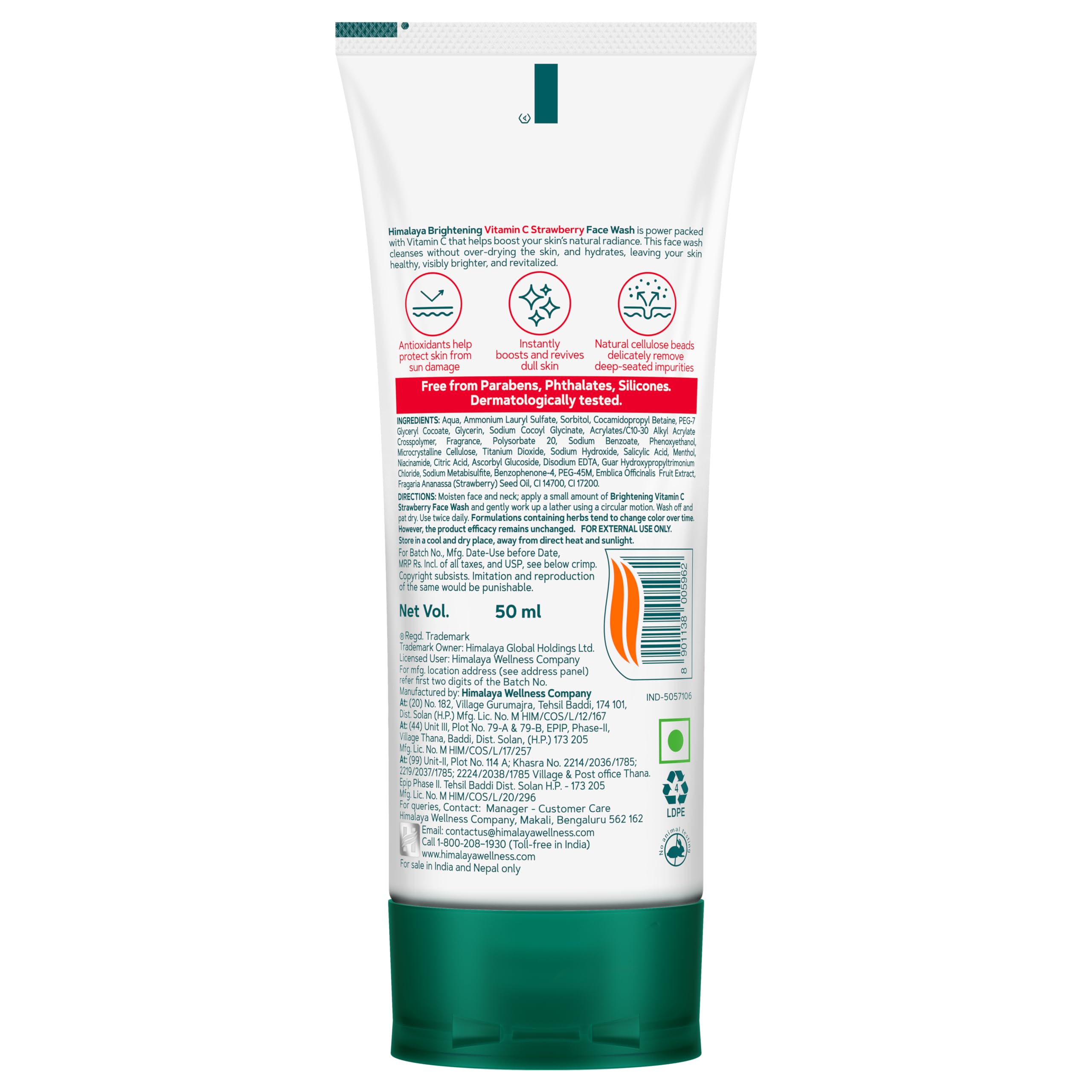 Himalaya Brightening Vitamin C Strawberry Face Wash - Brightening Cleanser for Glowing Skin | Remove Dullness & Dark Spots | 50ml Travel Size | Perfect for Morning Routine & Pre-Makeup Cleansing