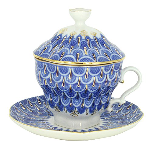 Lomonosov Porcelain Tea Cup and Saucer Set - 8.45 oz (250 ml) Hand-Painted Forget-Me-Not Floral Design - Elegant Russian Tea Set for Afternoon Tea, Gift Giving & Home Decor