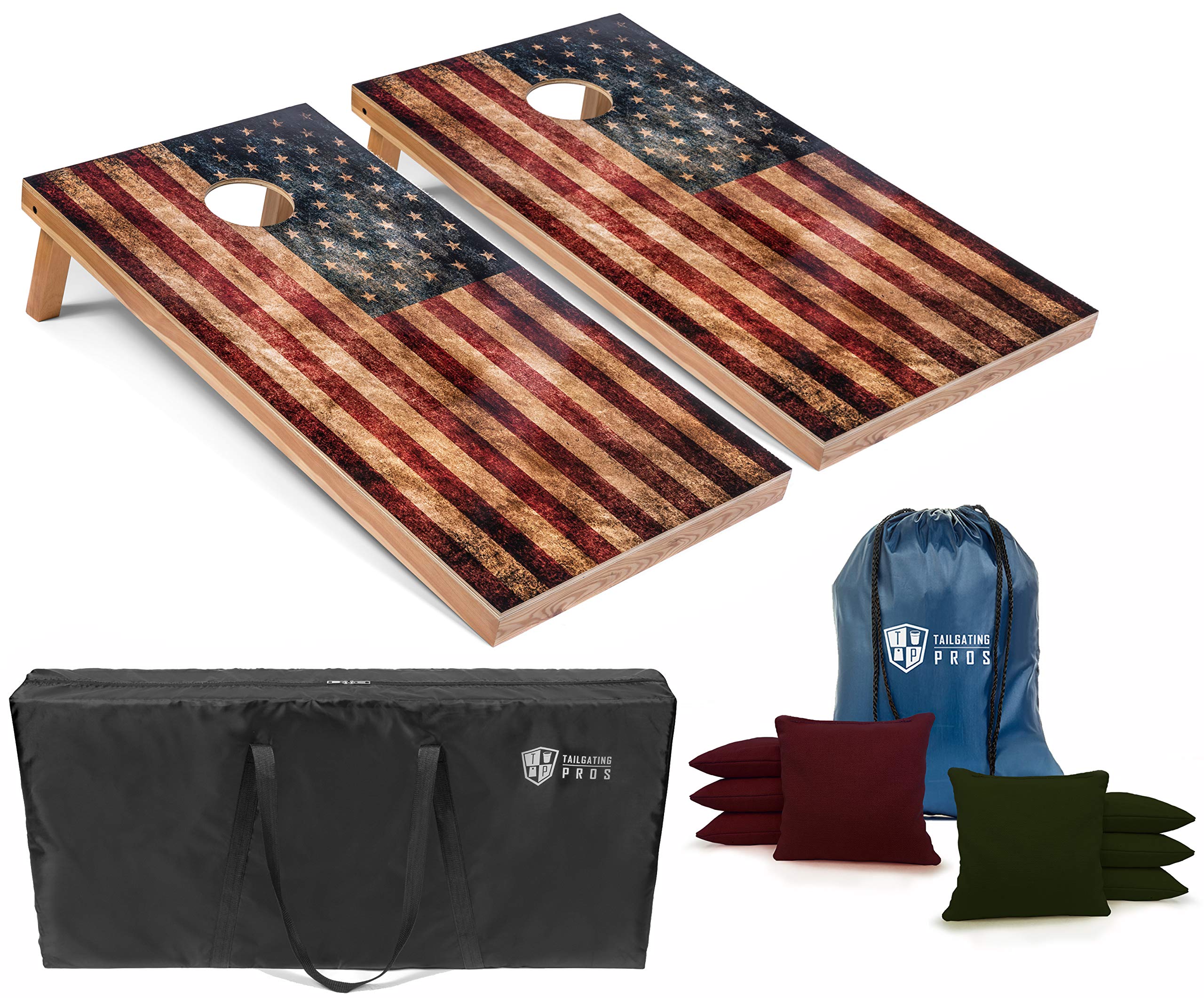 Premium Rustic American Flag Cornhole Boards Set - 4'x2' Distressed Wooden Cornhole Game with LED Light Ring, 8 Bean Bags & Carrying Case - Perfect for Backyard Parties, Tailgating, and Outdoor Family Gatherings